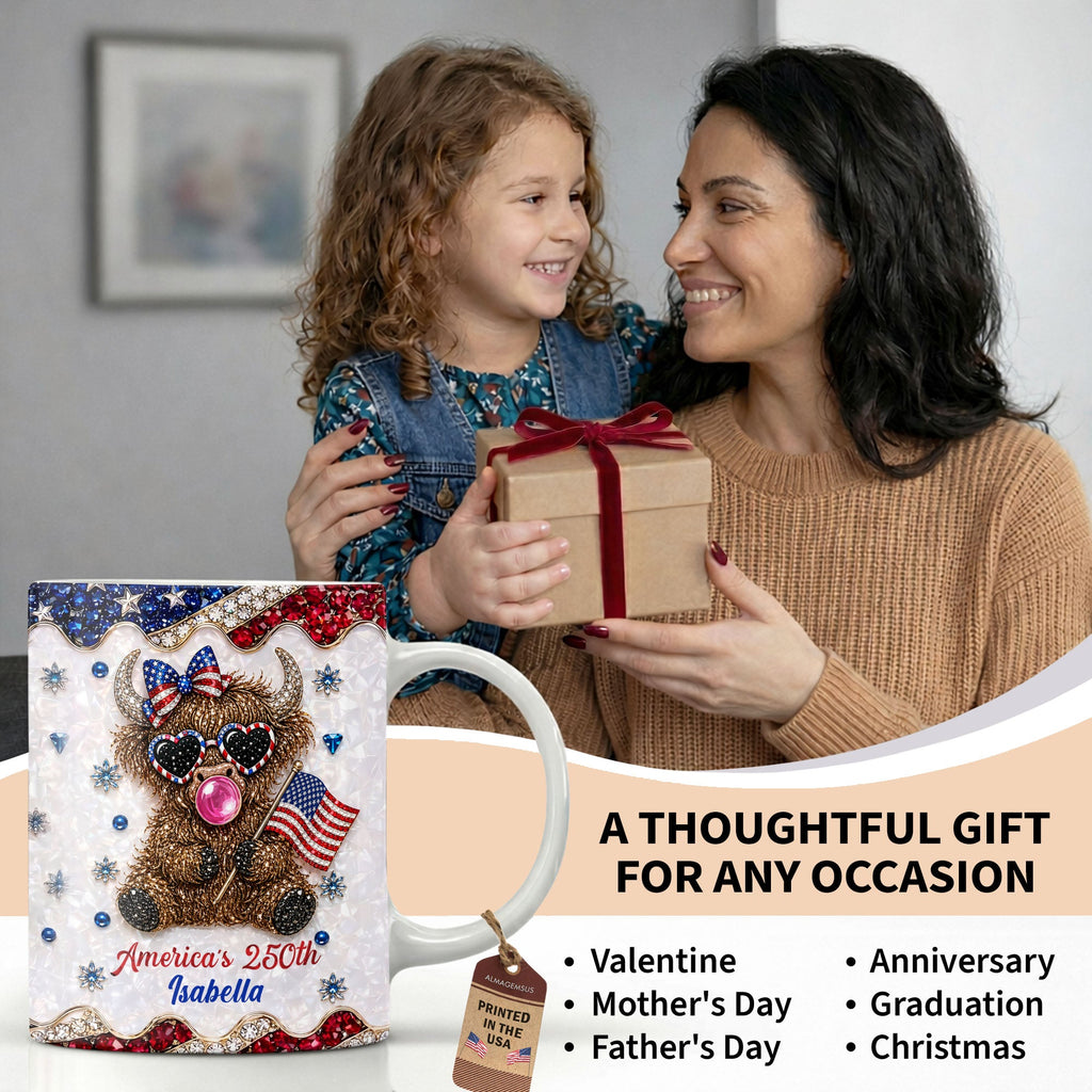 Personalized Highland Cow Mug with American Flag Custom Name Gift for Family Edge-to-edge Mug GradoCreations