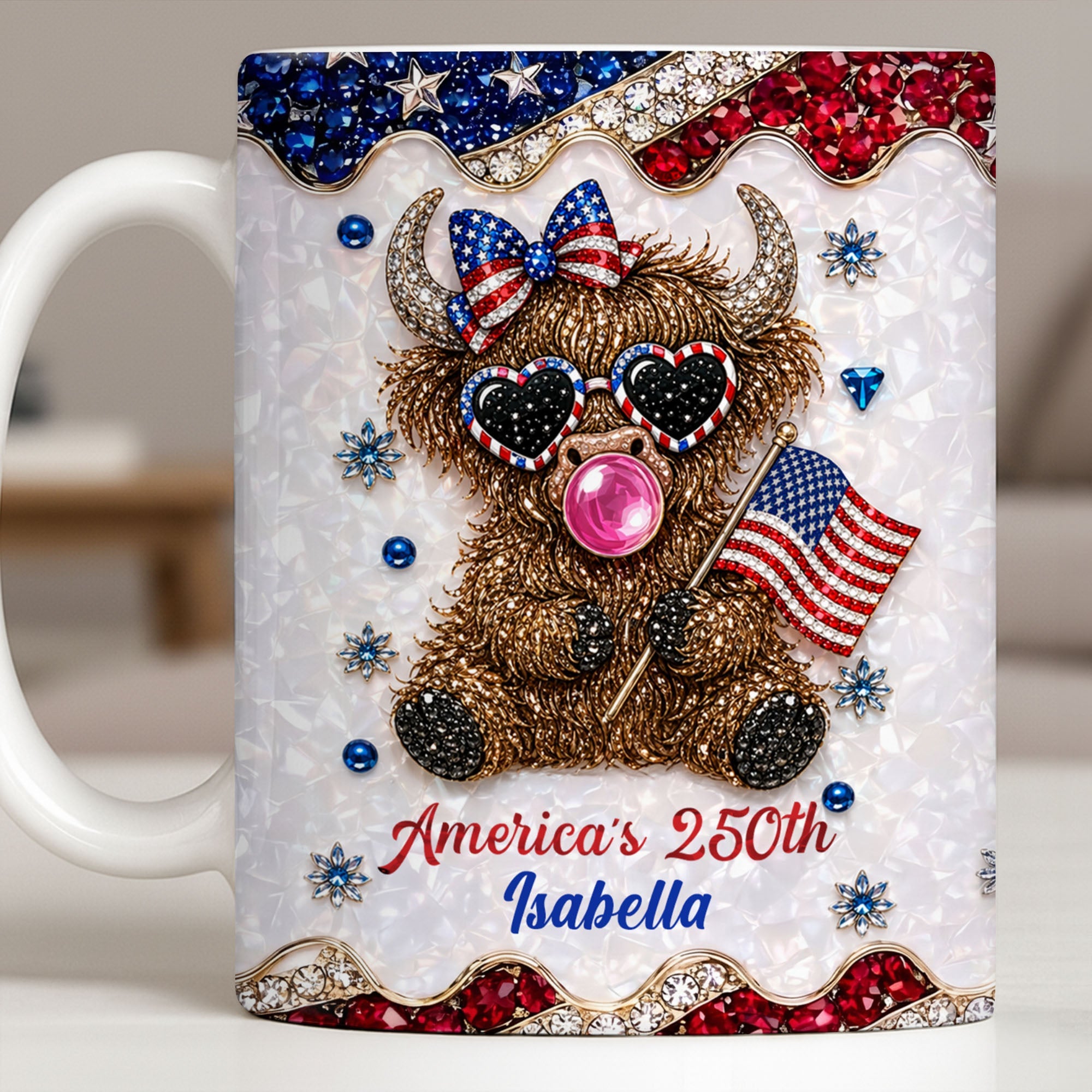 Personalized Highland Cow Mug with American Flag Custom Name Gift for Family Edge-to-edge Mug GradoCreations
