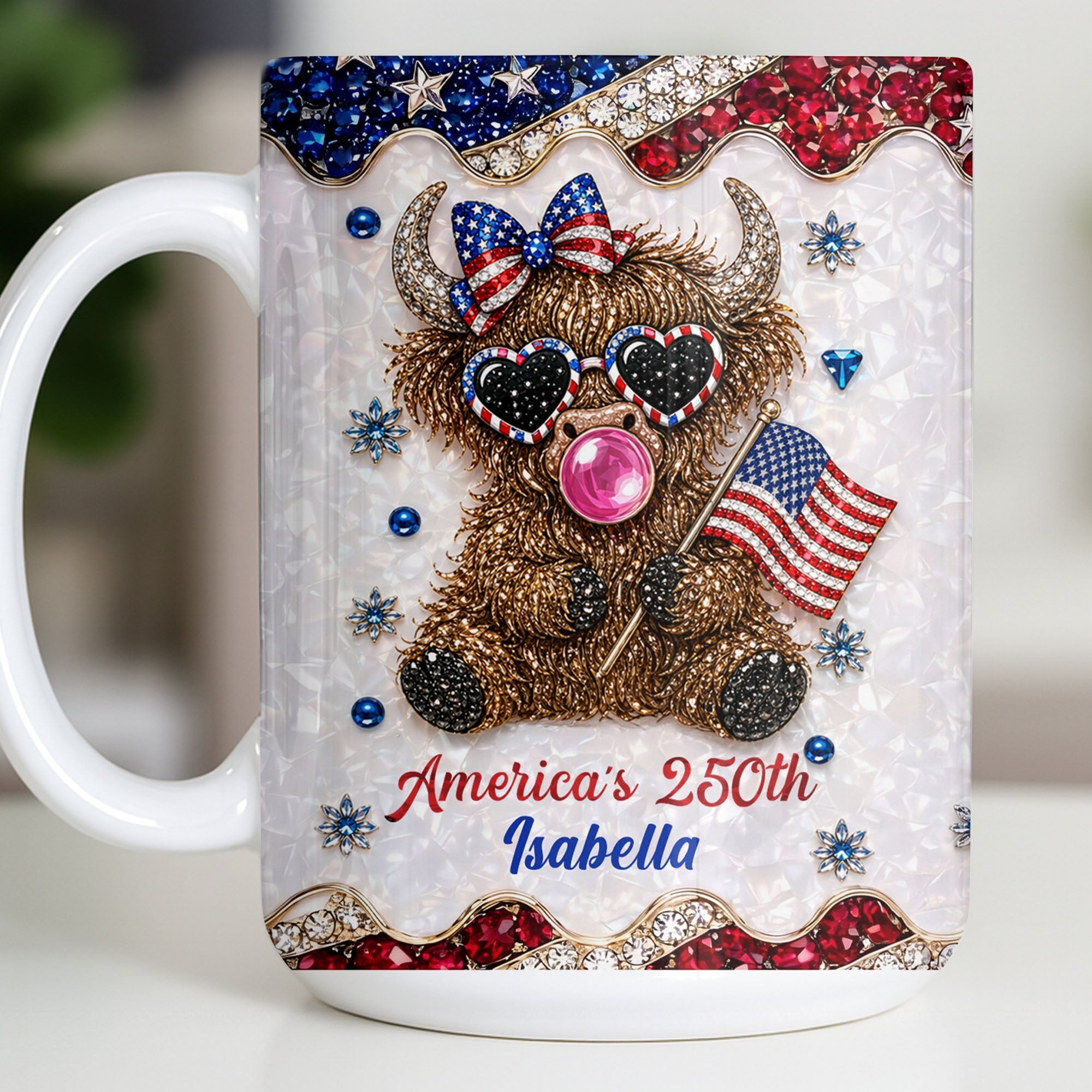 Personalized Highland Cow Mug with American Flag Custom Name Gift for Family Edge-to-edge Mug GradoCreations