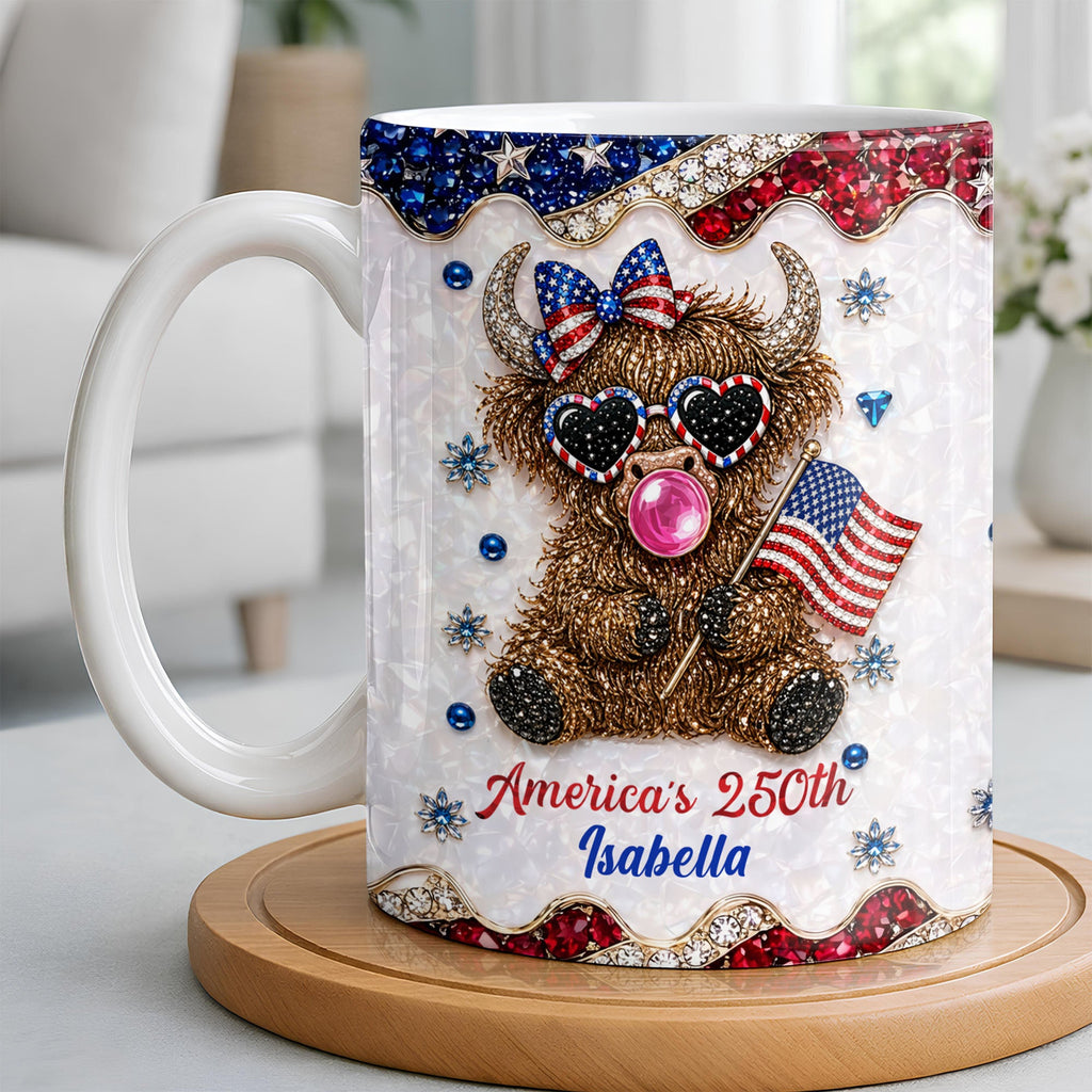 Personalized Highland Cow Mug with American Flag Custom Name Gift for Family Edge-to-edge Mug GradoCreations