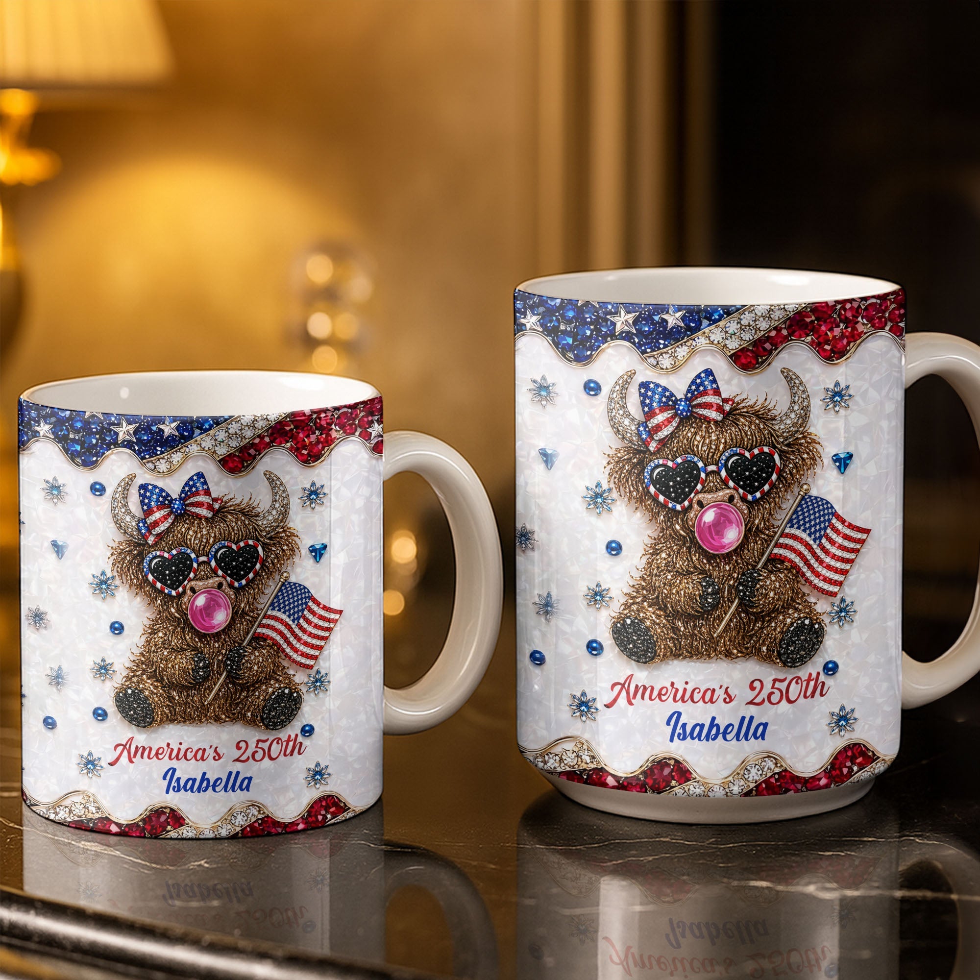 Personalized Highland Cow Mug with American Flag Custom Name Gift for Family Edge-to-edge Mug GradoCreations