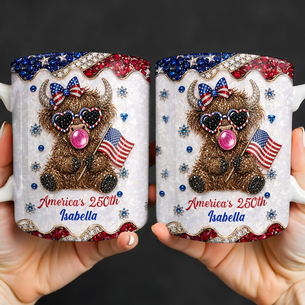 Personalized Highland Cow Mug with American Flag Custom Name Gift for Family Edge-to-edge Mug GradoCreations