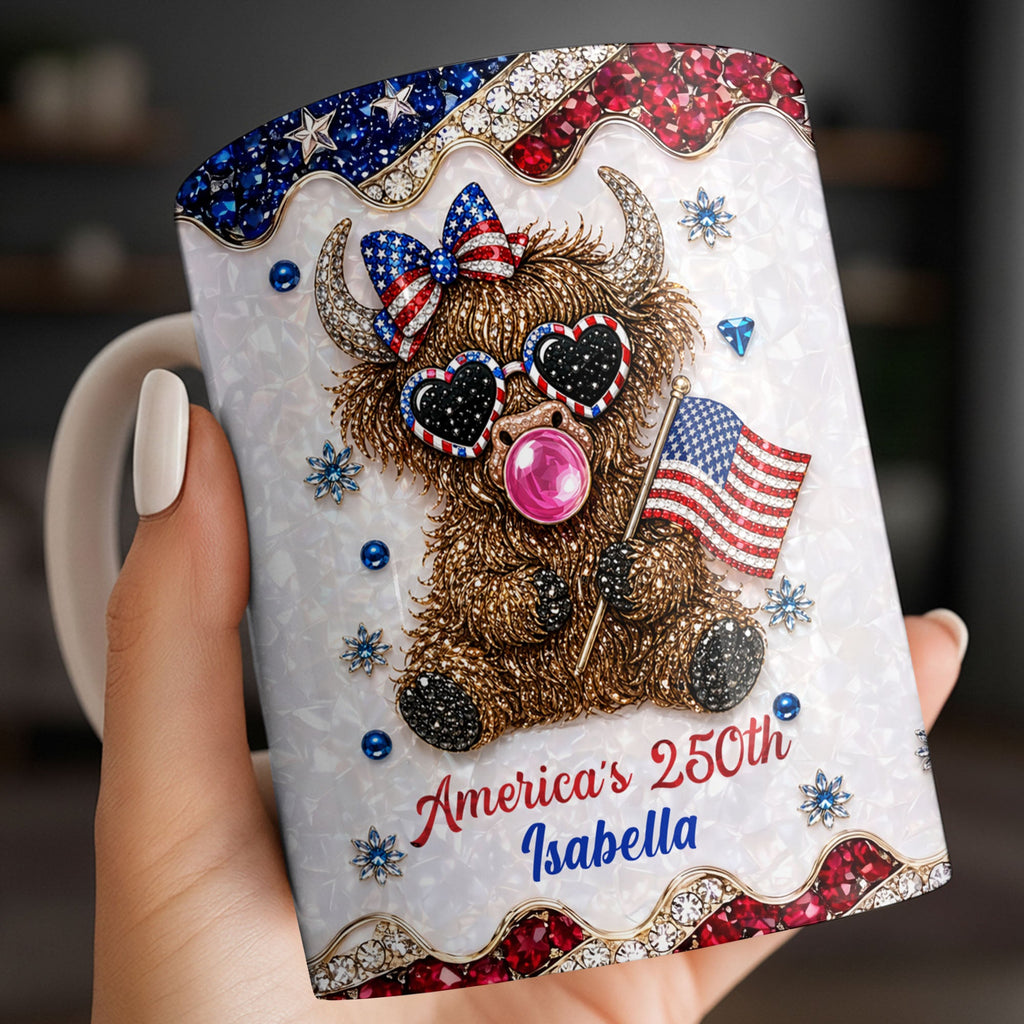 Personalized Highland Cow Mug with American Flag Custom Name Gift for Family Edge-to-edge Mug GradoCreations