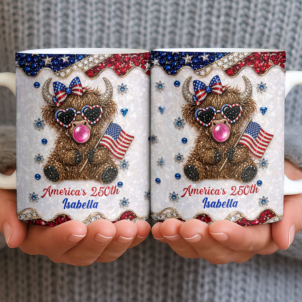 Personalized Highland Cow Mug with American Flag Custom Name Gift for Family Edge-to-edge Mug GradoCreations
