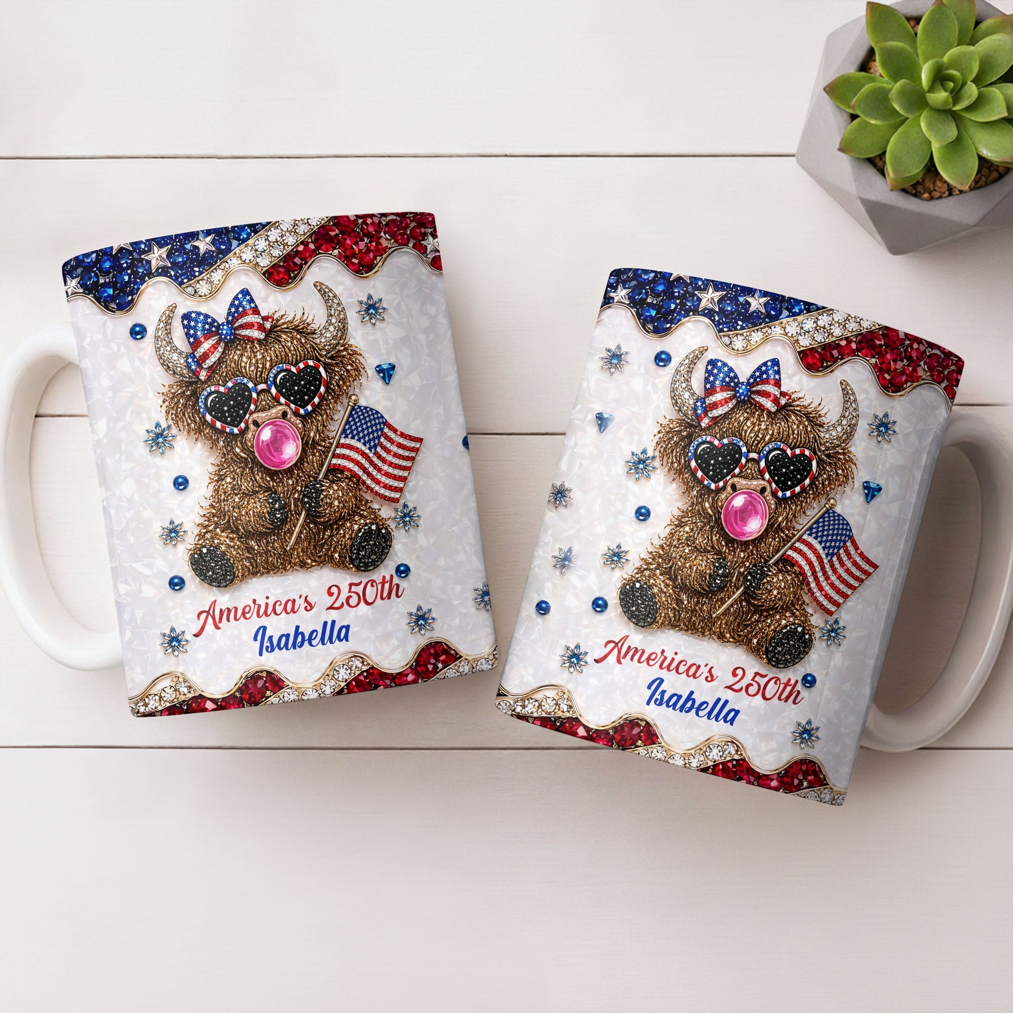 Personalized Highland Cow Mug with American Flag Custom Name Gift for Family Edge-to-edge Mug GradoCreations