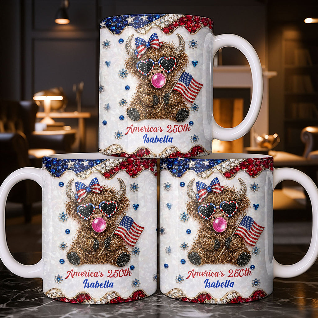 Personalized Highland Cow Mug with American Flag Custom Name Gift for Family Edge-to-edge Mug GradoCreations