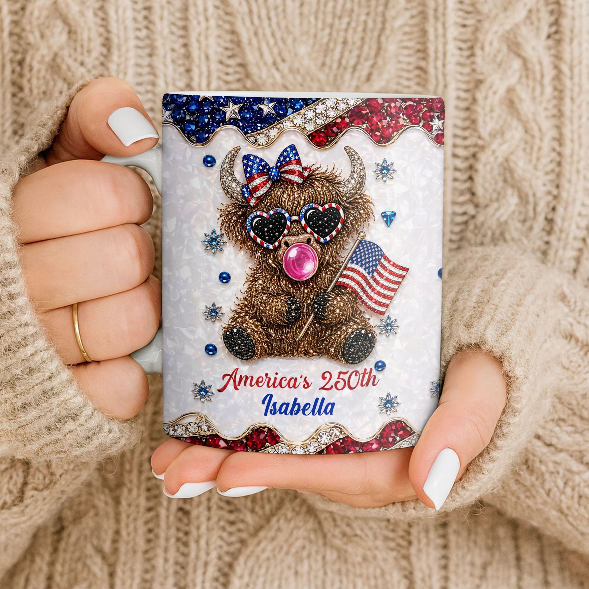 Personalized Highland Cow Mug with American Flag Custom Name Gift for Family Edge-to-edge Mug GradoCreations