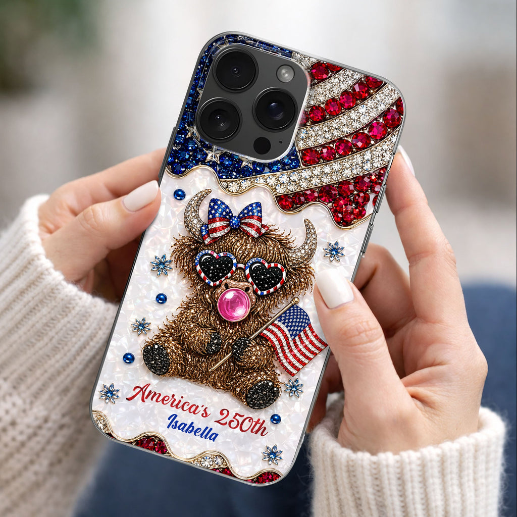 Personalized Clear Phone Case American Flag Highland Cow Gift Clear Phone Case GradoCreations