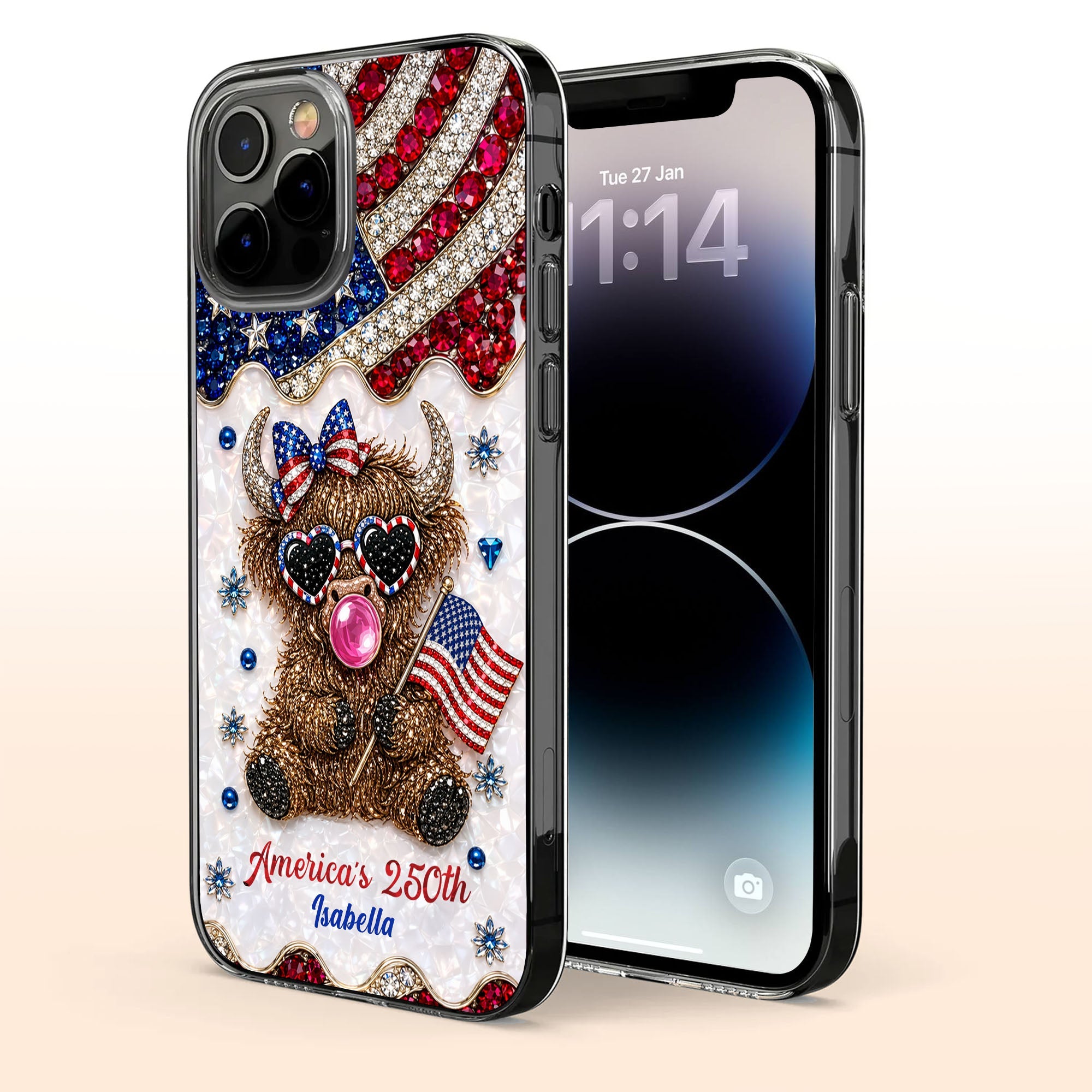 Personalized Clear Phone Case American Flag Highland Cow Gift Clear Phone Case GradoCreations