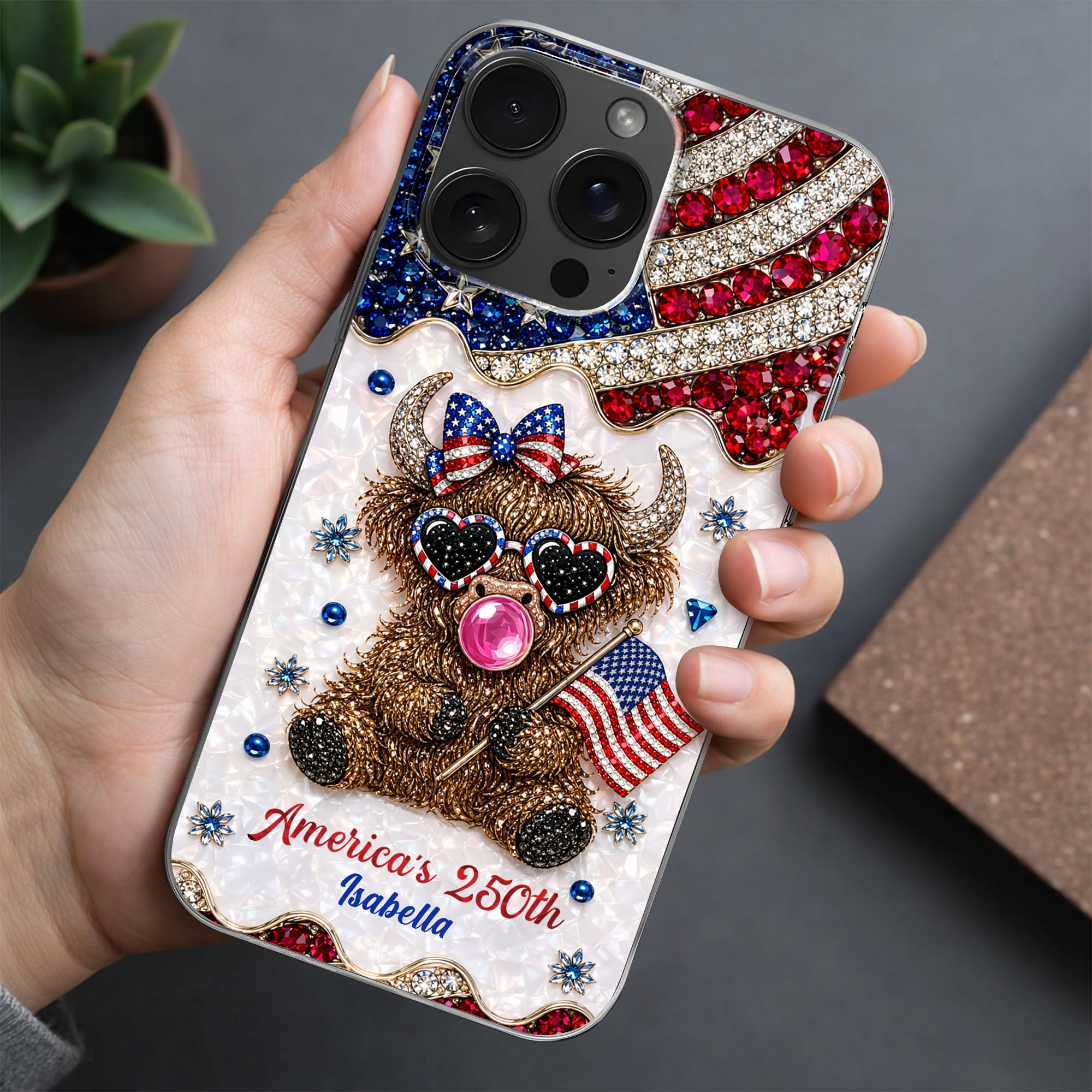 Personalized Clear Phone Case American Flag Highland Cow Gift Clear Phone Case GradoCreations