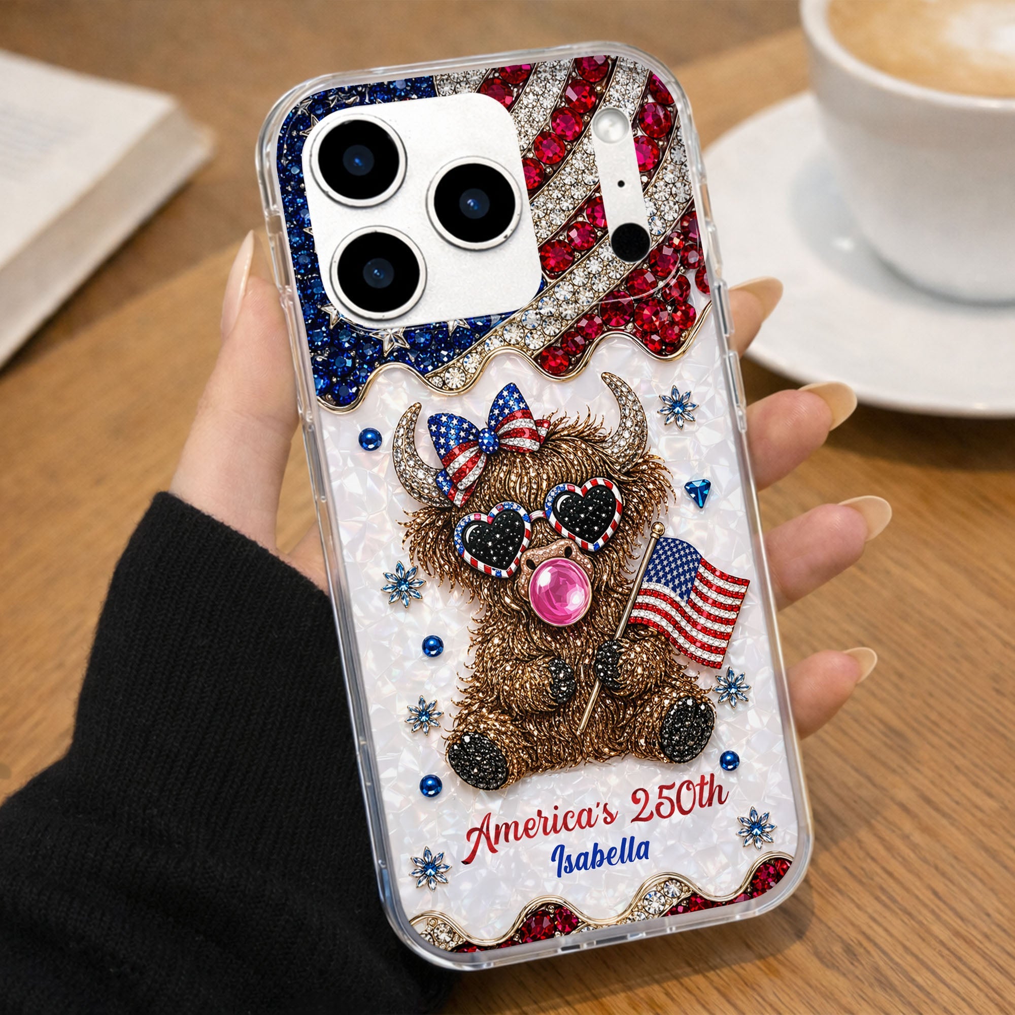 Personalized Clear Phone Case American Flag Highland Cow Gift Clear Phone Case GradoCreations