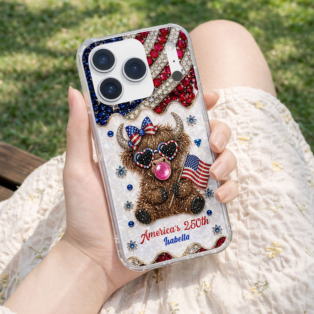 Personalized Clear Phone Case American Flag Highland Cow Gift Clear Phone Case GradoCreations