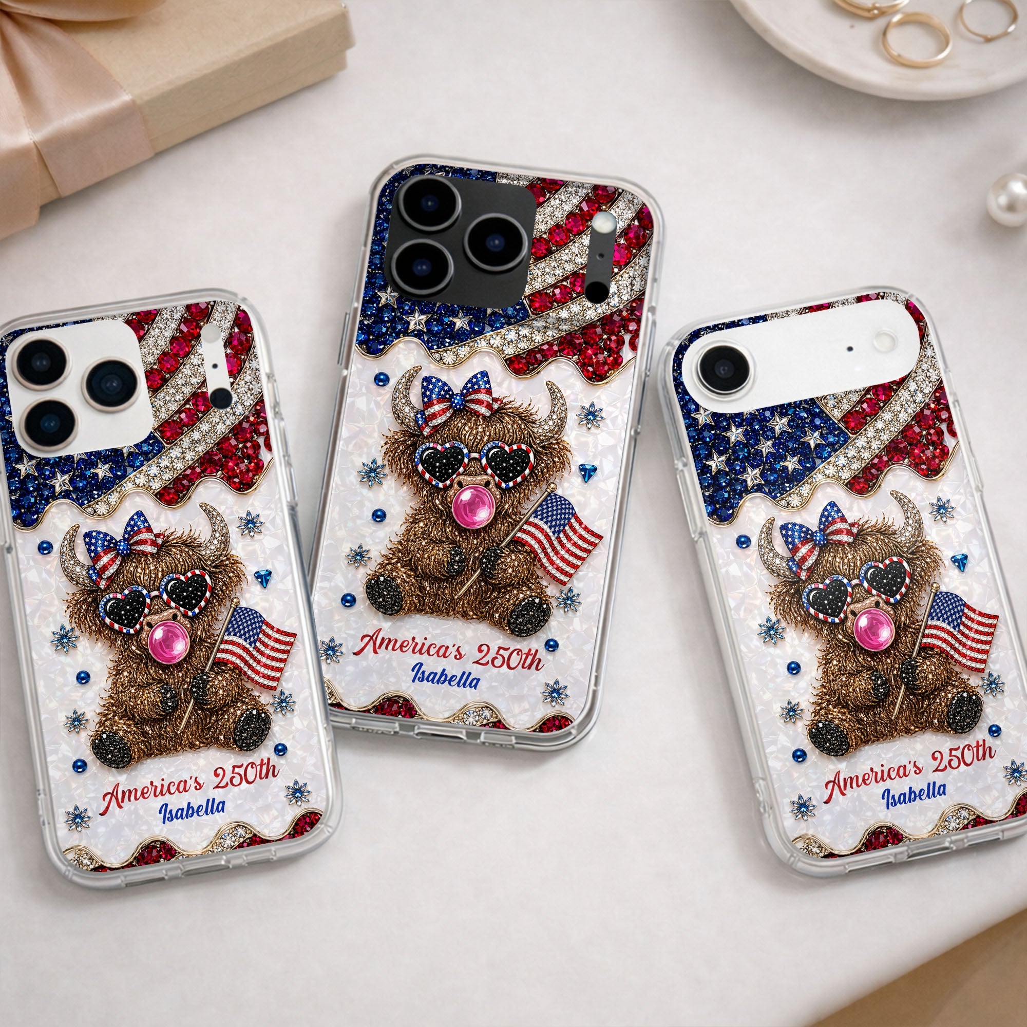 Personalized Clear Phone Case American Flag Highland Cow Gift Clear Phone Case GradoCreations