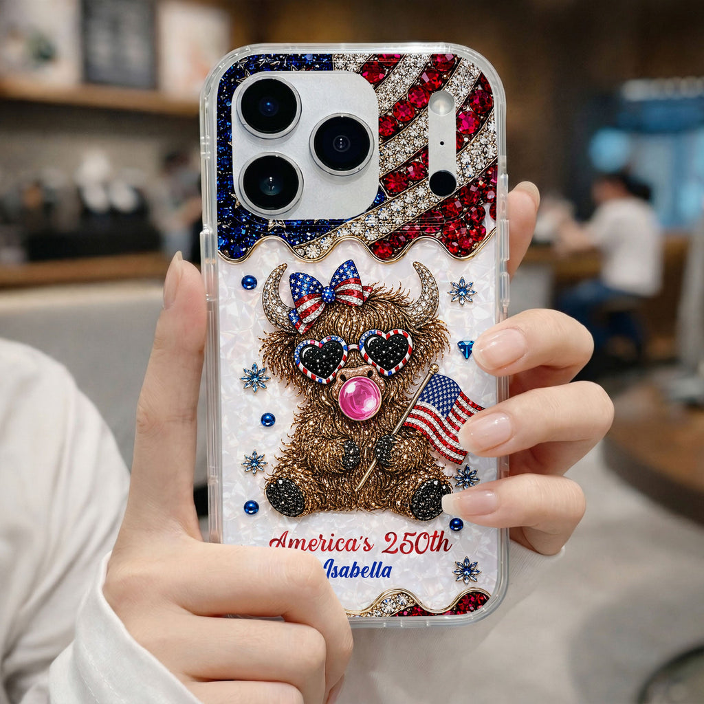Personalized Clear Phone Case American Flag Highland Cow Gift Clear Phone Case GradoCreations