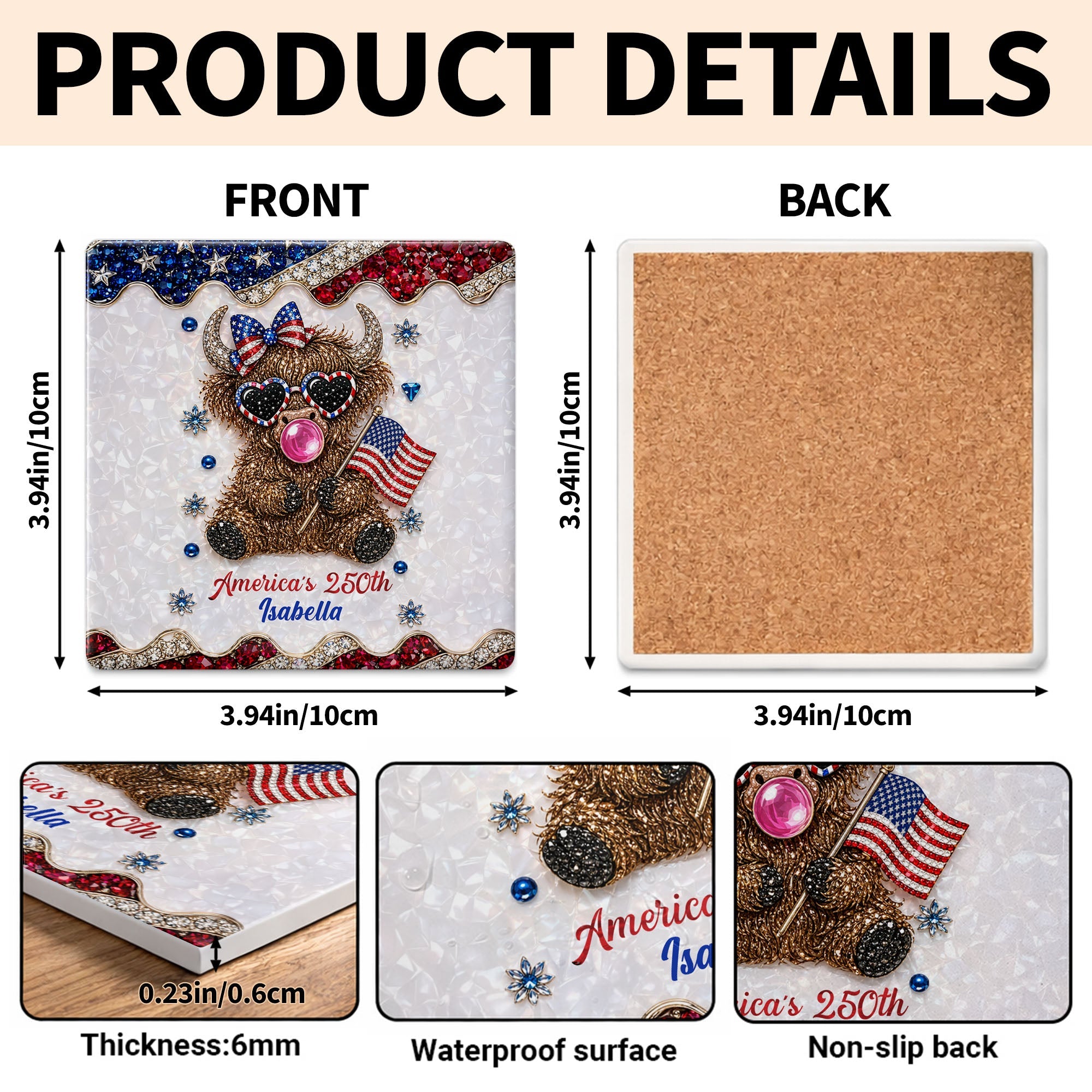 Personalized Ceramic Coaster American Flag Gift for 4th of July Square Ceramic Coaster GradoCreations