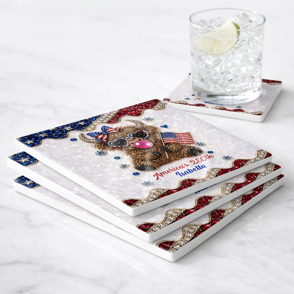 Personalized Ceramic Coaster American Flag Gift for 4th of July Square Ceramic Coaster GradoCreations