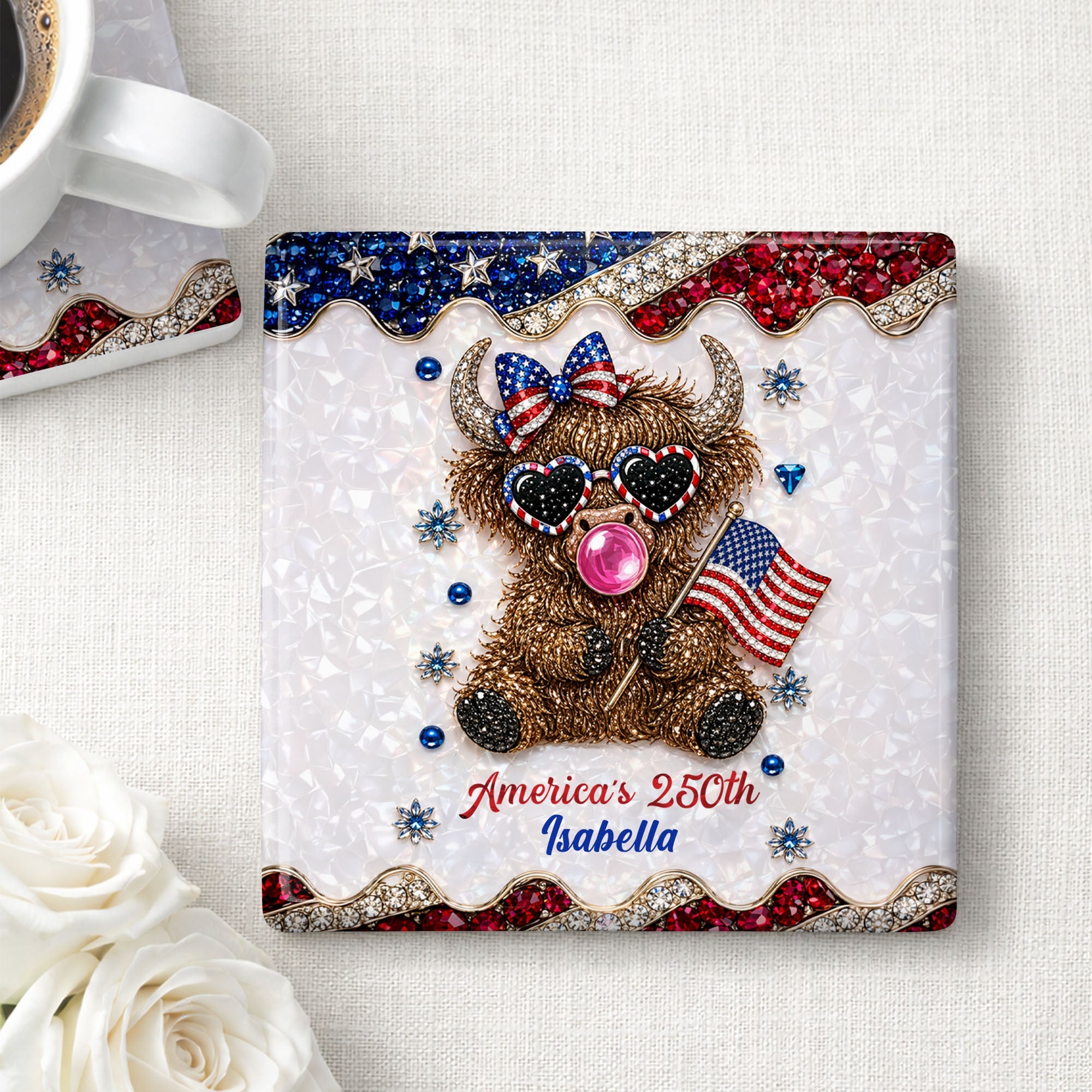 Personalized Ceramic Coaster American Flag Gift for 4th of July Square Ceramic Coaster GradoCreations
