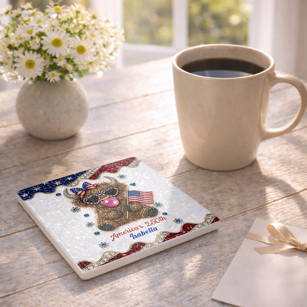 Personalized Ceramic Coaster American Flag Gift for 4th of July Square Ceramic Coaster GradoCreations