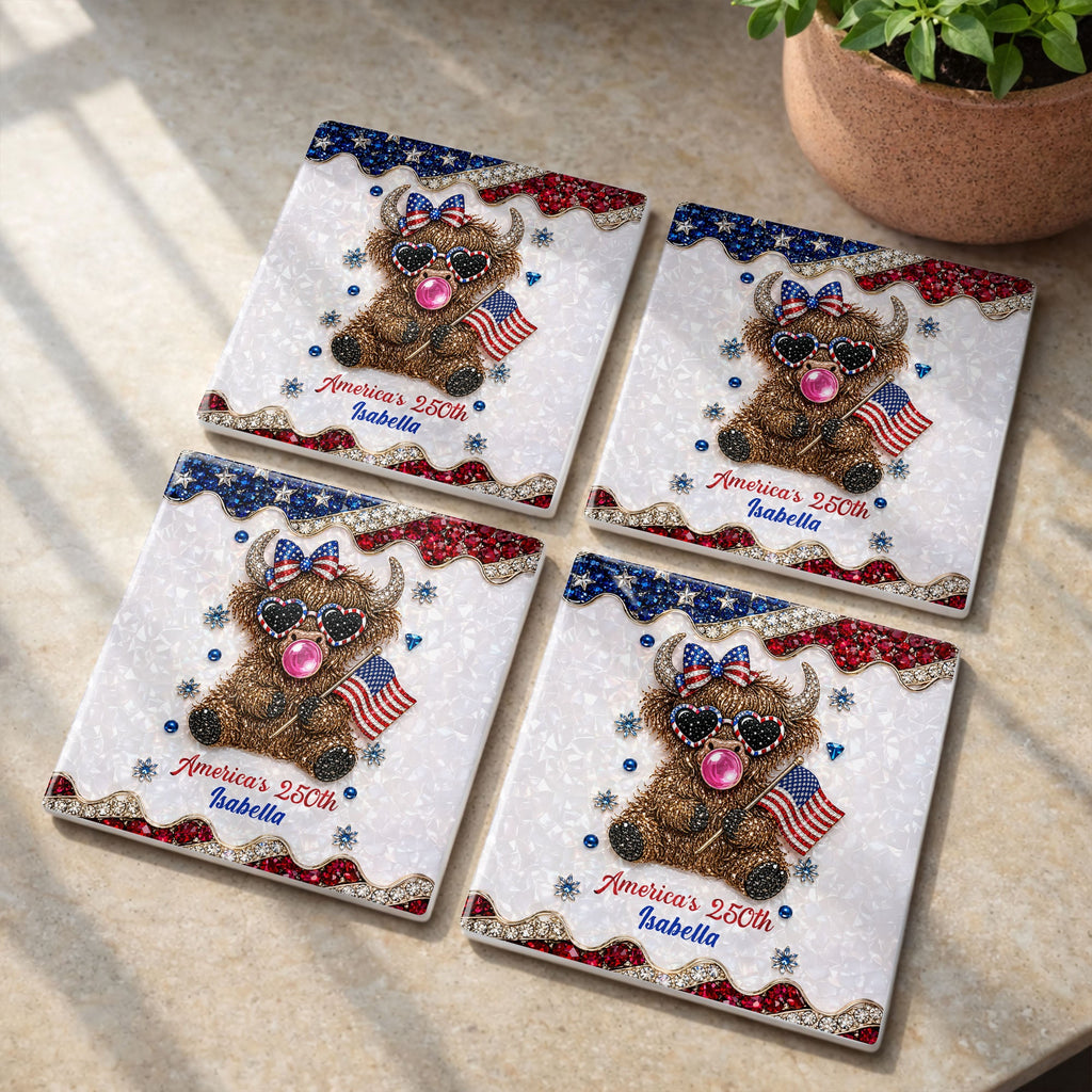 Personalized Ceramic Coaster American Flag Gift for 4th of July Square Ceramic Coaster GradoCreations