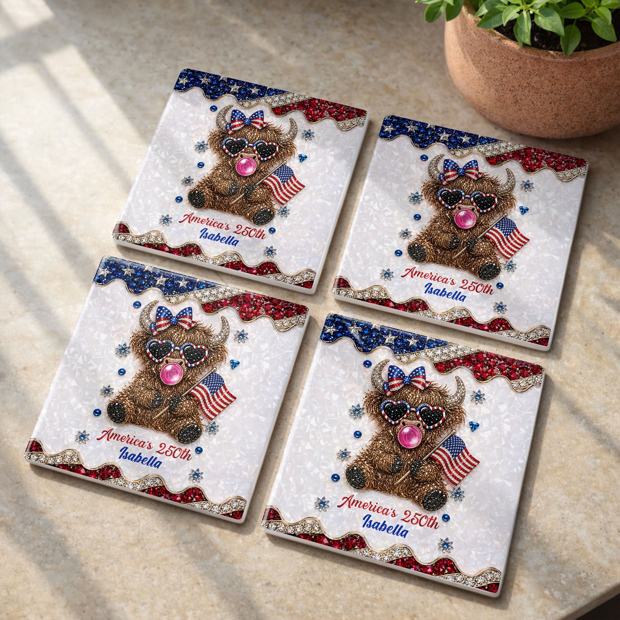 Personalized Ceramic Coaster American Flag Gift for 4th of July Square Ceramic Coaster GradoCreations
