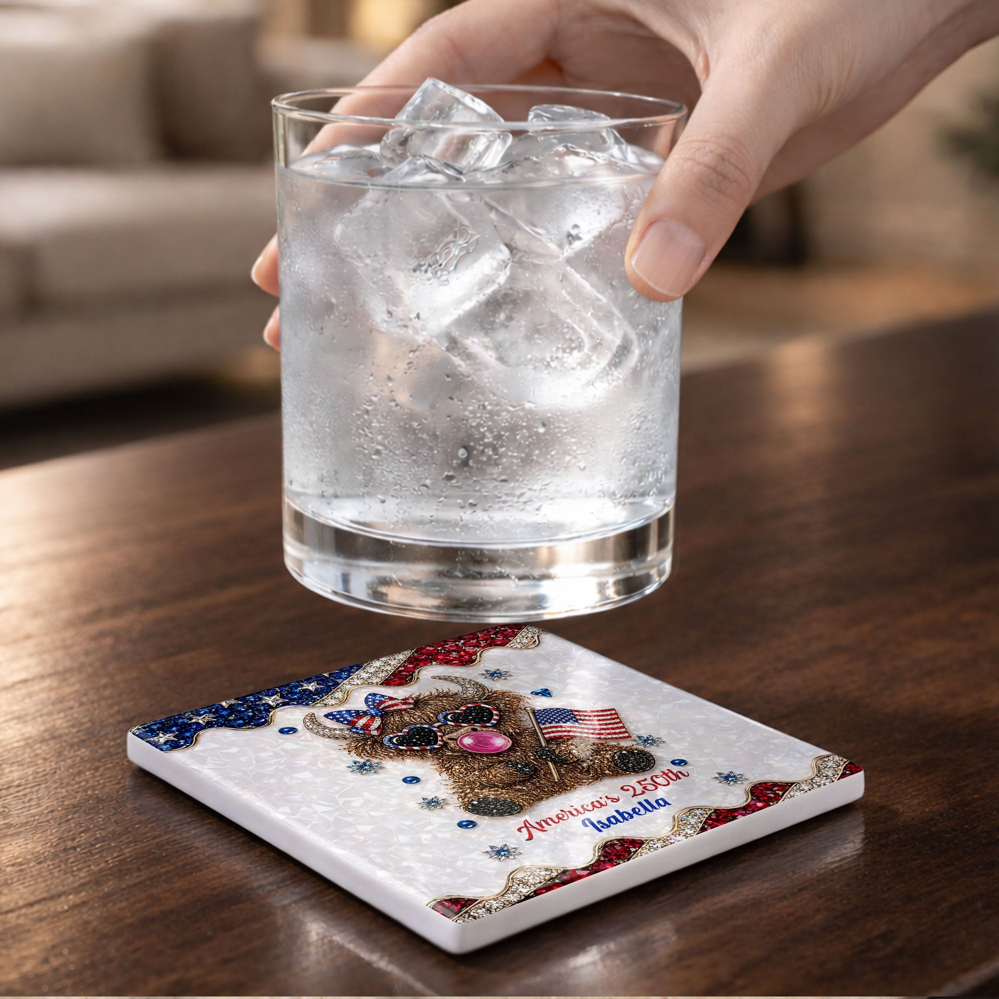Personalized Ceramic Coaster American Flag Gift for 4th of July Square Ceramic Coaster GradoCreations