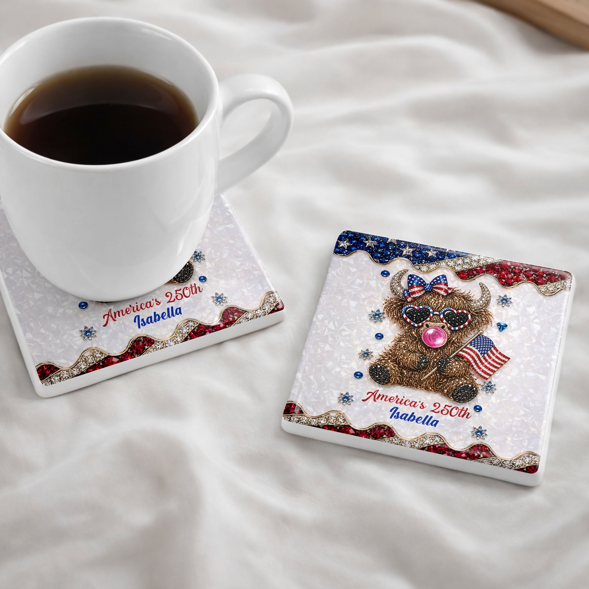 Personalized Ceramic Coaster American Flag Gift for 4th of July Square Ceramic Coaster GradoCreations