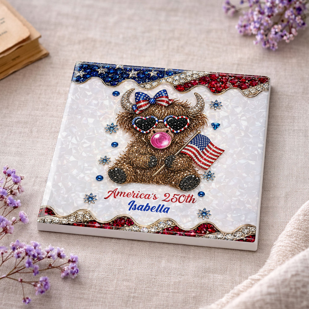 Personalized Ceramic Coaster American Flag Gift for 4th of July Square Ceramic Coaster GradoCreations