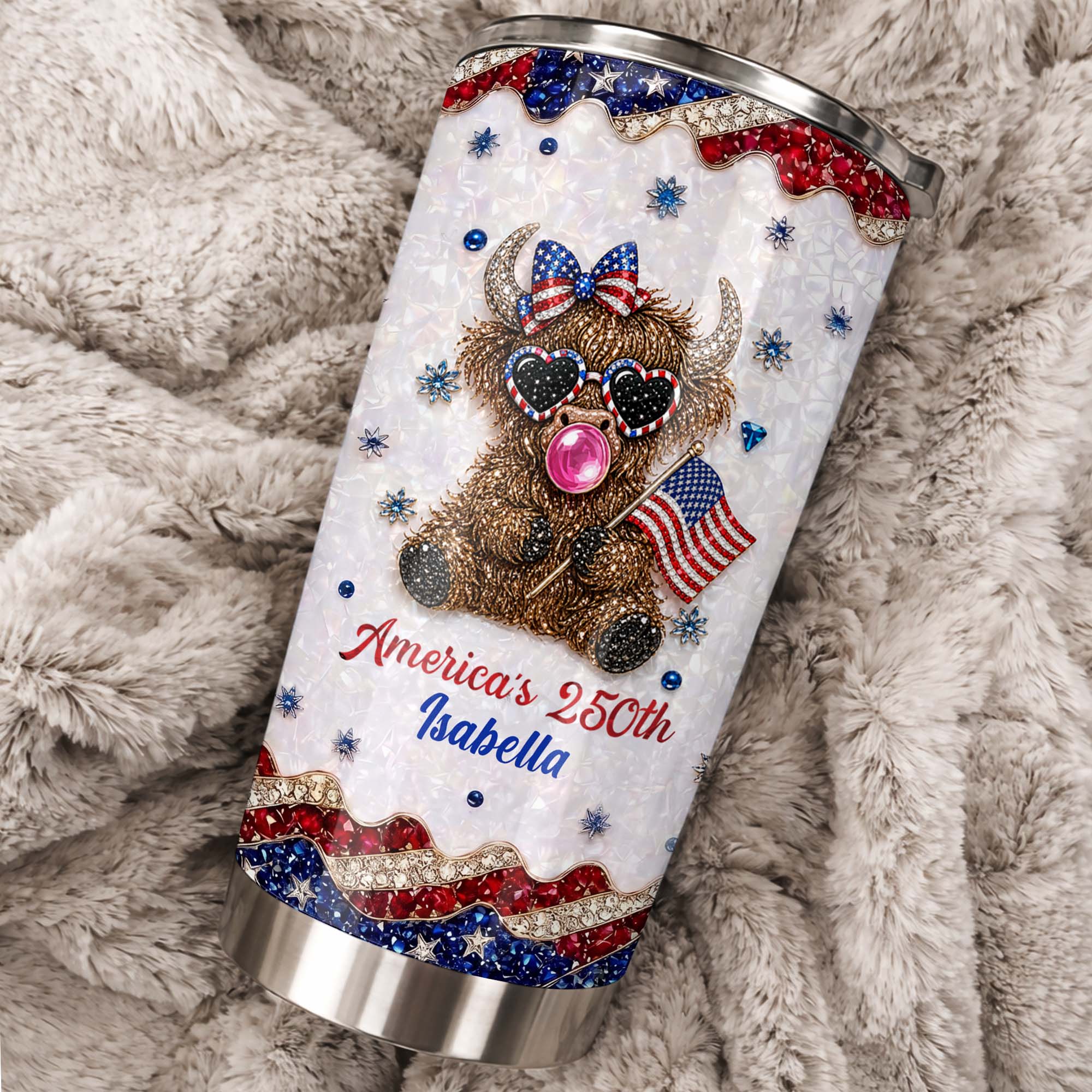 Personalized Highland Cow Tumbler with American Flag 4th of July Gift