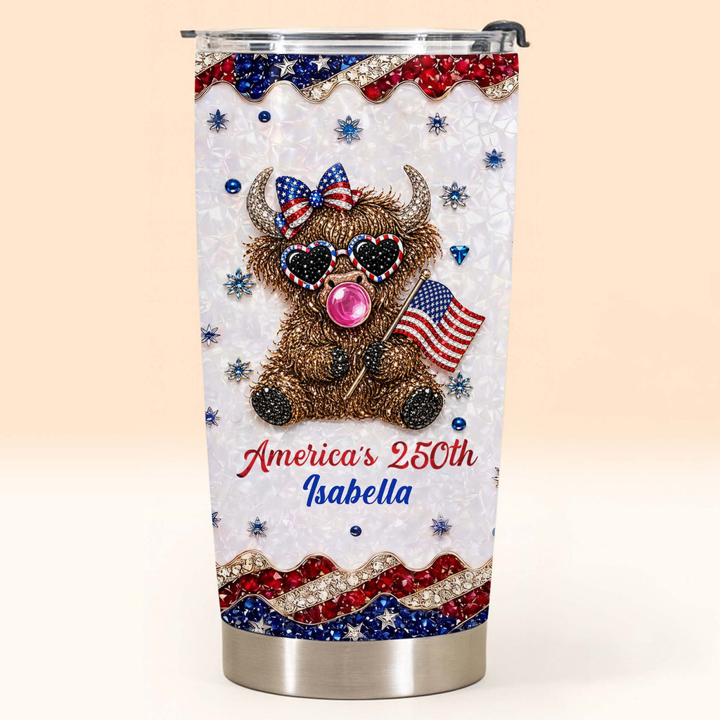 Personalized Highland Cow Tumbler with American Flag 4th of July Gift Tumbler GradoCreations