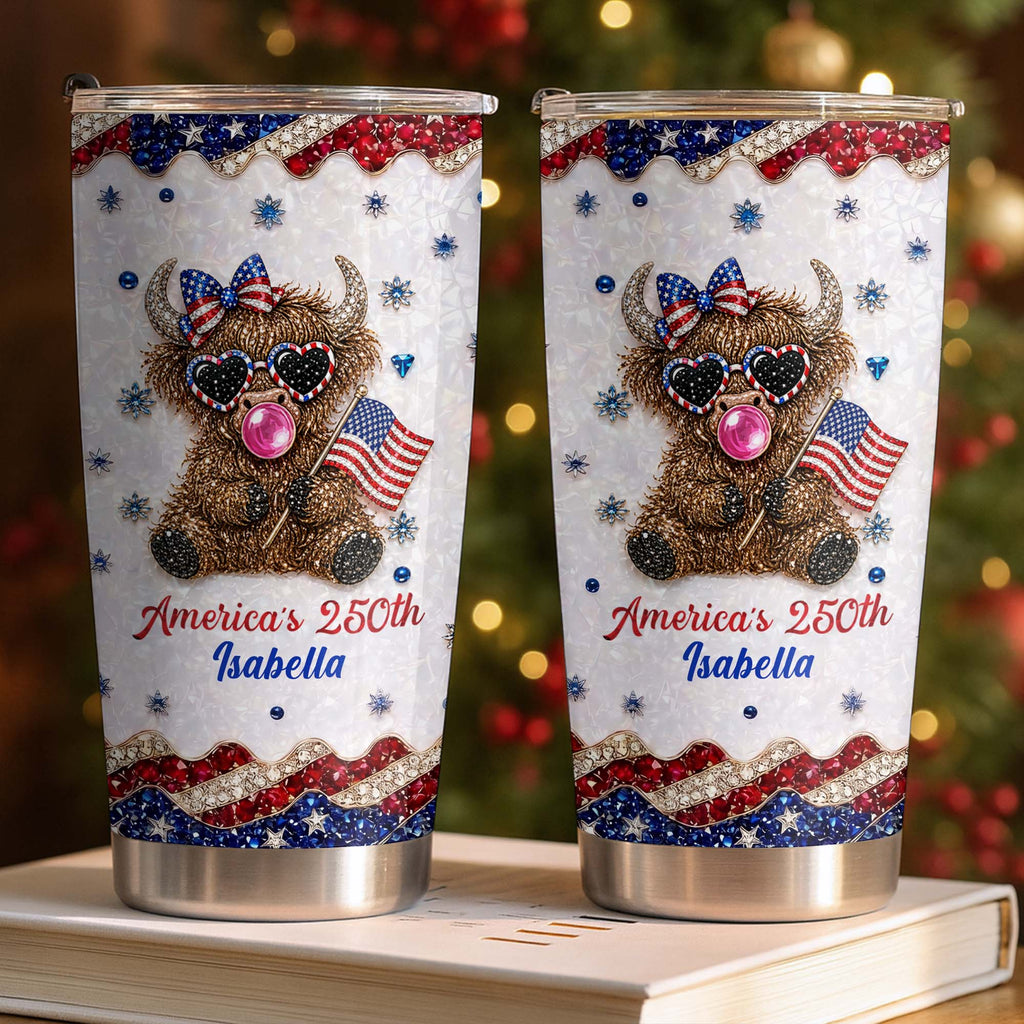 Personalized Highland Cow Tumbler with American Flag 4th of July Gift Tumbler GradoCreations