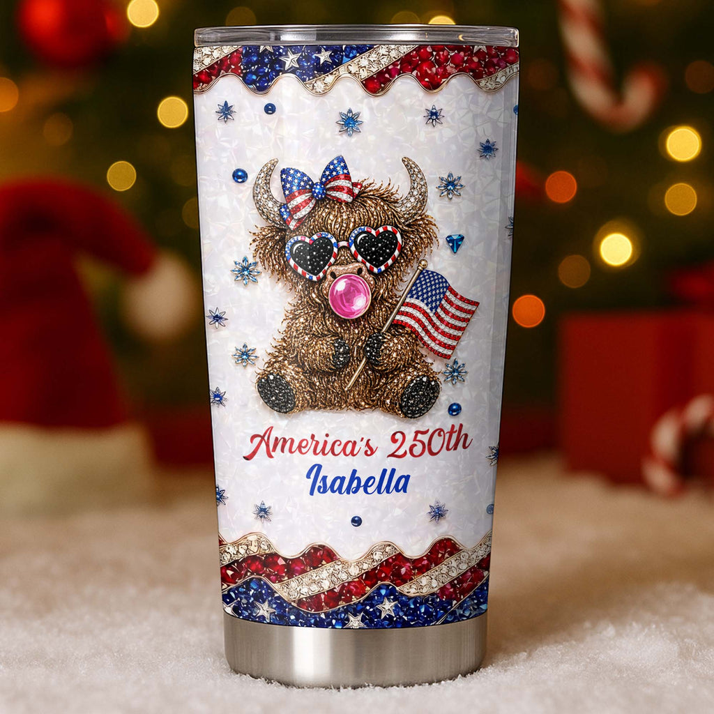 Personalized Highland Cow Tumbler with American Flag 4th of July Gift Tumbler GradoCreations