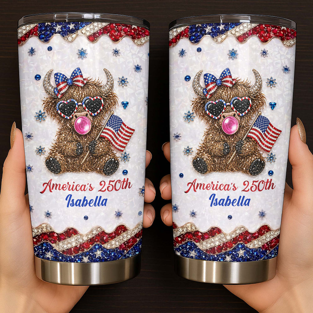 Personalized Highland Cow Tumbler with American Flag 4th of July Gift Tumbler GradoCreations
