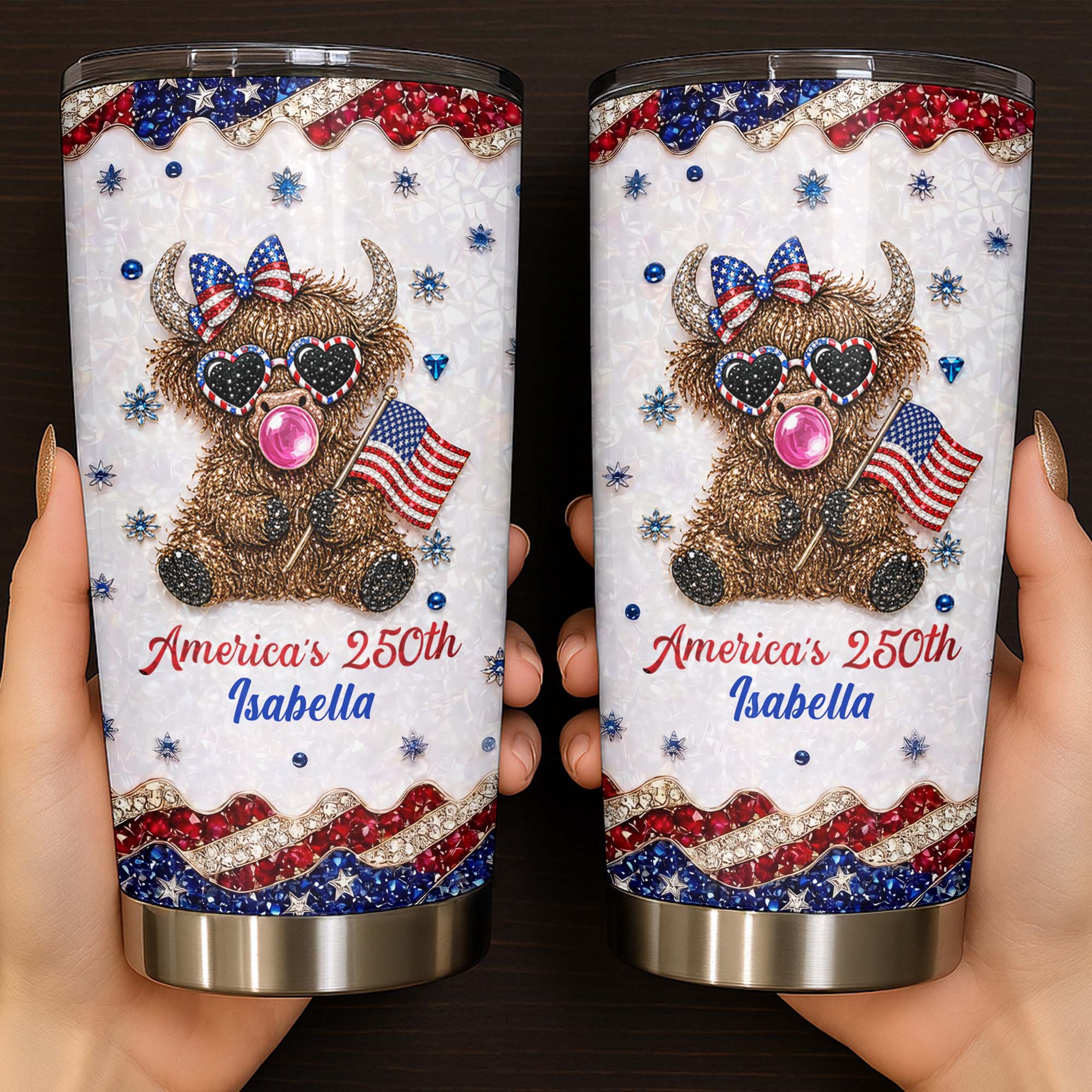 Personalized Highland Cow Tumbler with American Flag 4th of July Gift Tumbler GradoCreations