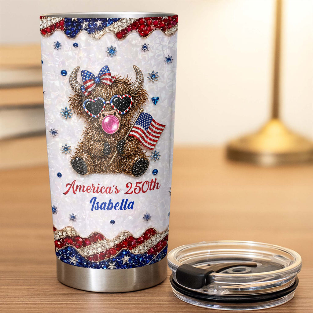 Personalized Highland Cow Tumbler with American Flag 4th of July Gift Tumbler GradoCreations