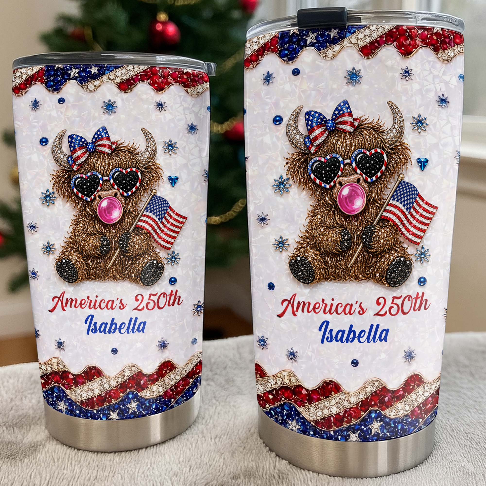 Personalized Highland Cow Tumbler with American Flag 4th of July Gift Tumbler GradoCreations