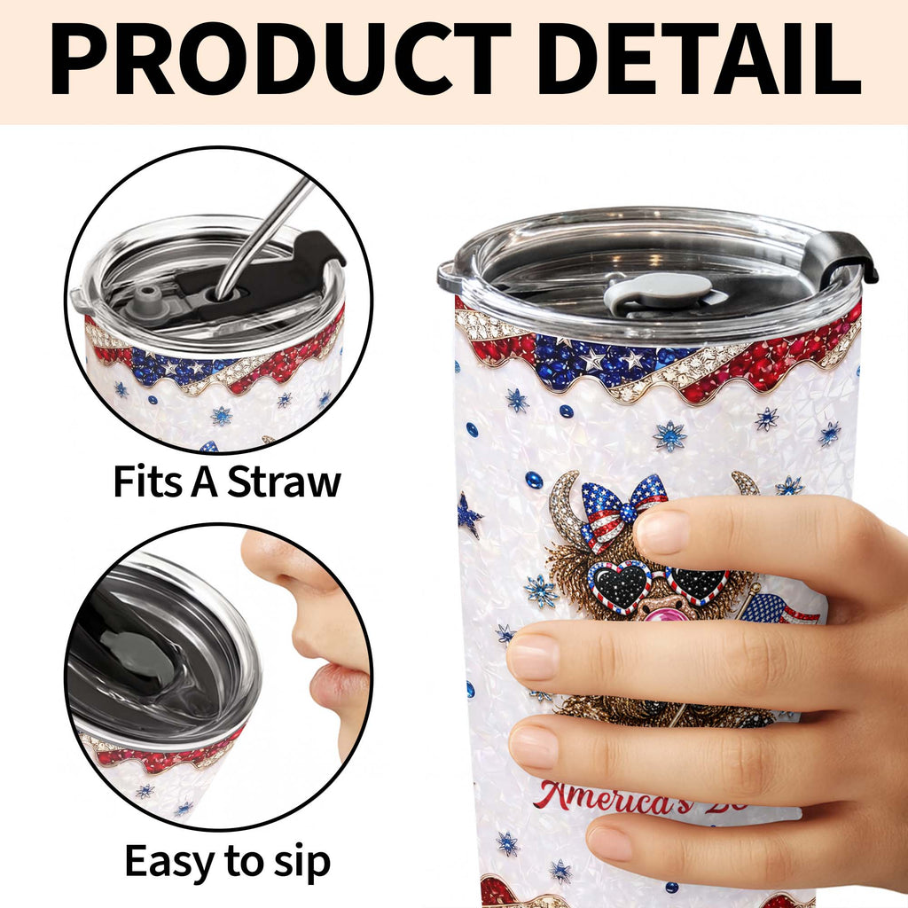 Personalized Highland Cow Tumbler with American Flag 4th of July Gift Tumbler GradoCreations