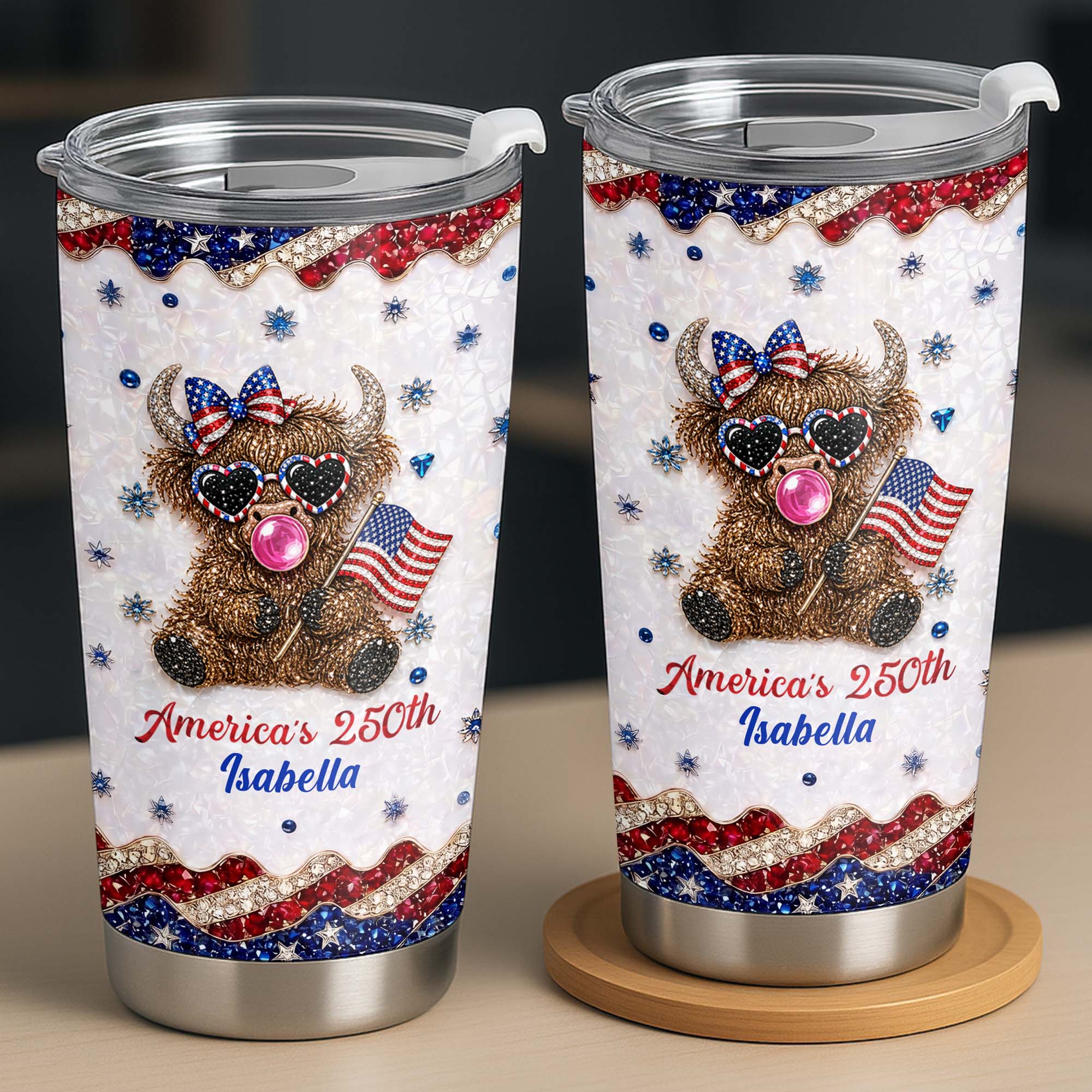 Personalized Highland Cow Tumbler with American Flag 4th of July Gift Tumbler GradoCreations