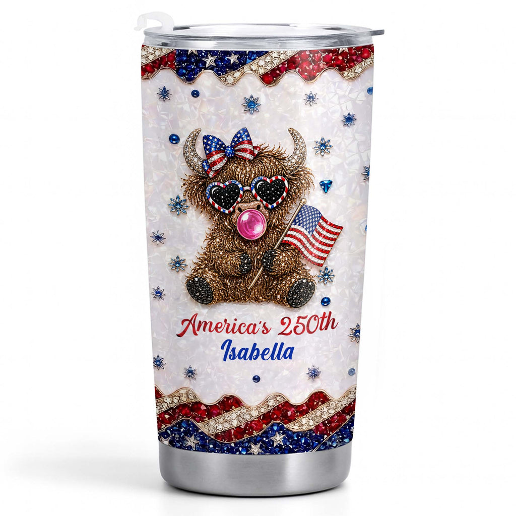 Personalized Highland Cow Tumbler with American Flag 4th of July Gift Tumbler GradoCreations