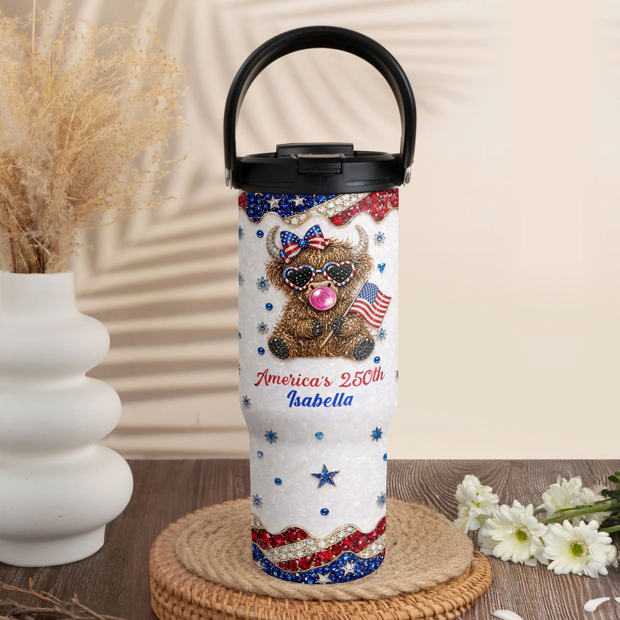 Personalized 30oz Tumbler with Handle American Flag Gift for Family