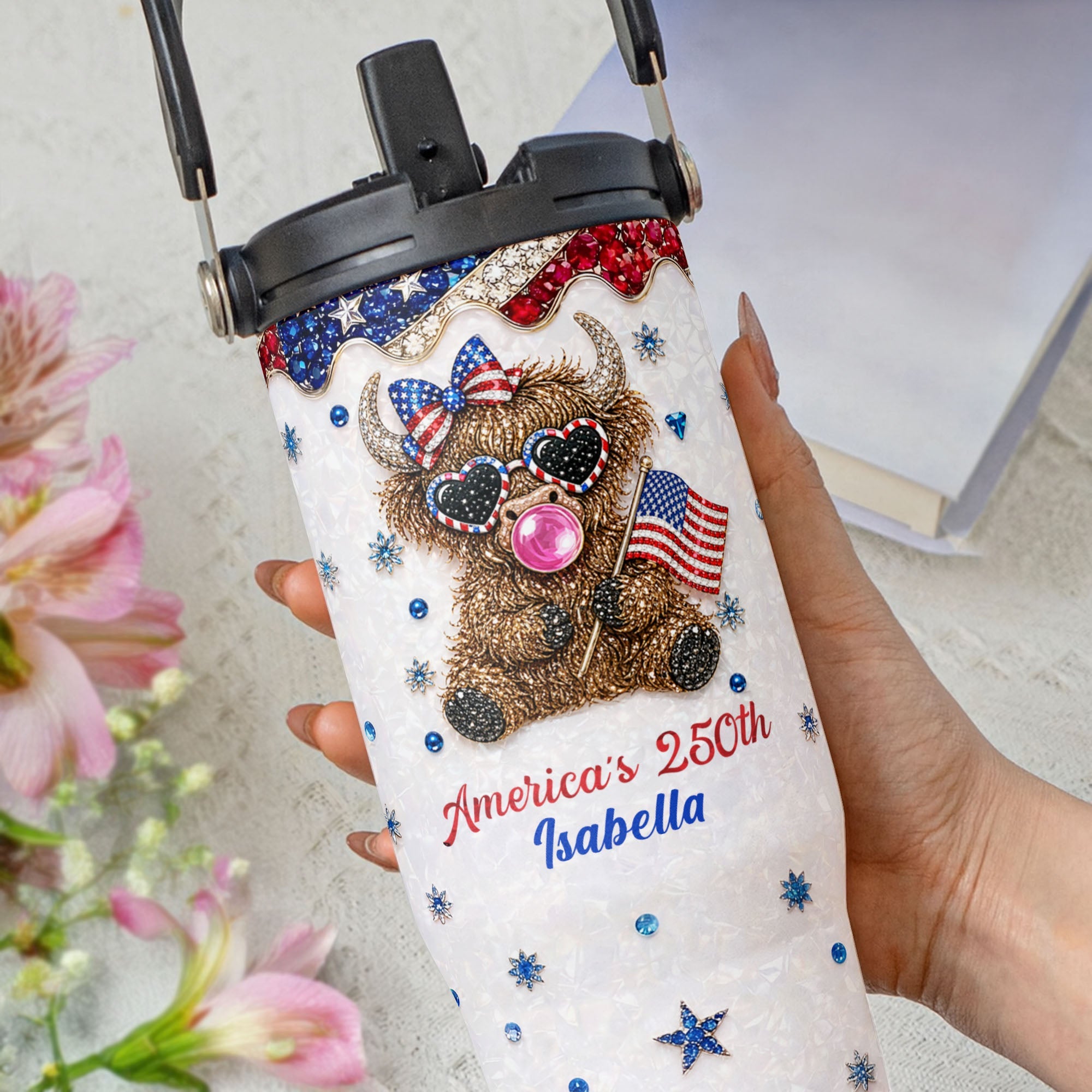 Personalized 30oz Tumbler with Handle American Flag Gift for Family