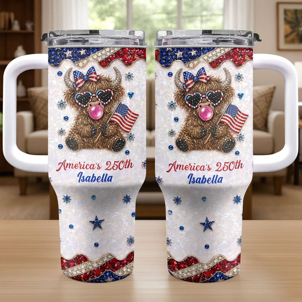 Personalized Patriotic 40oz Tumbler with Highland Cow for 4th of July 40oz Tumbler GradoCreations