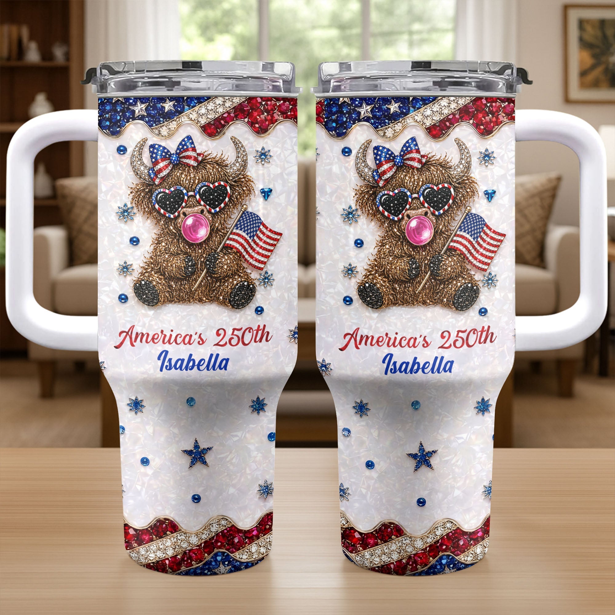 Personalized Patriotic 40oz Tumbler with Highland Cow for 4th of July 40oz Tumbler GradoCreations