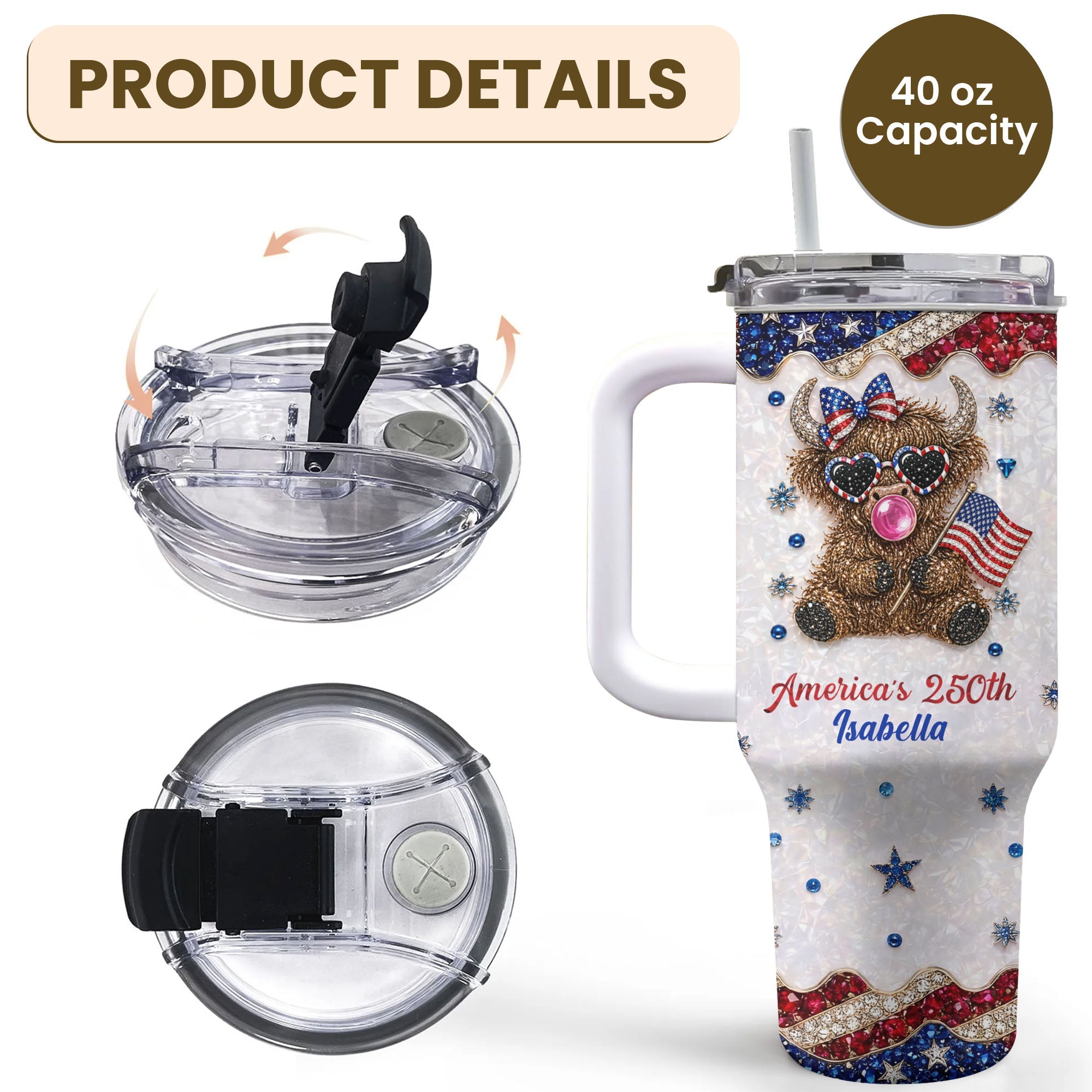 Personalized Patriotic 40oz Tumbler with Highland Cow for 4th of July 40oz Tumbler GradoCreations