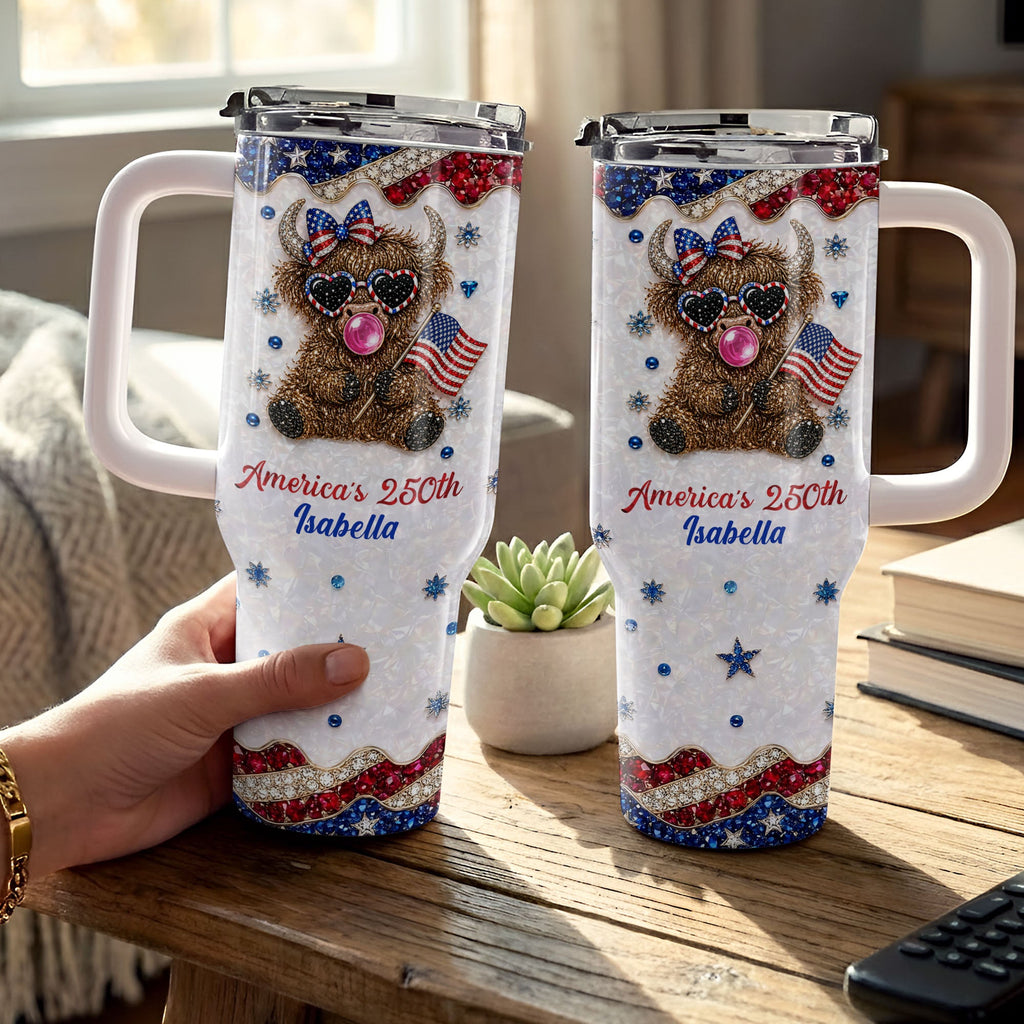 Personalized Patriotic 40oz Tumbler with Highland Cow for 4th of July 40oz Tumbler GradoCreations