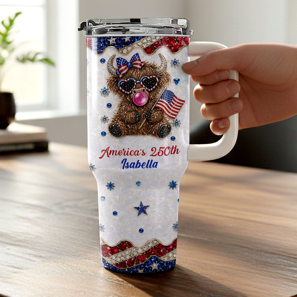 Personalized Patriotic 40oz Tumbler with Highland Cow for 4th of July 40oz Tumbler GradoCreations