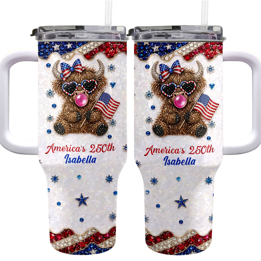 Personalized Patriotic 40oz Tumbler with Highland Cow for 4th of July 40oz Tumbler GradoCreations