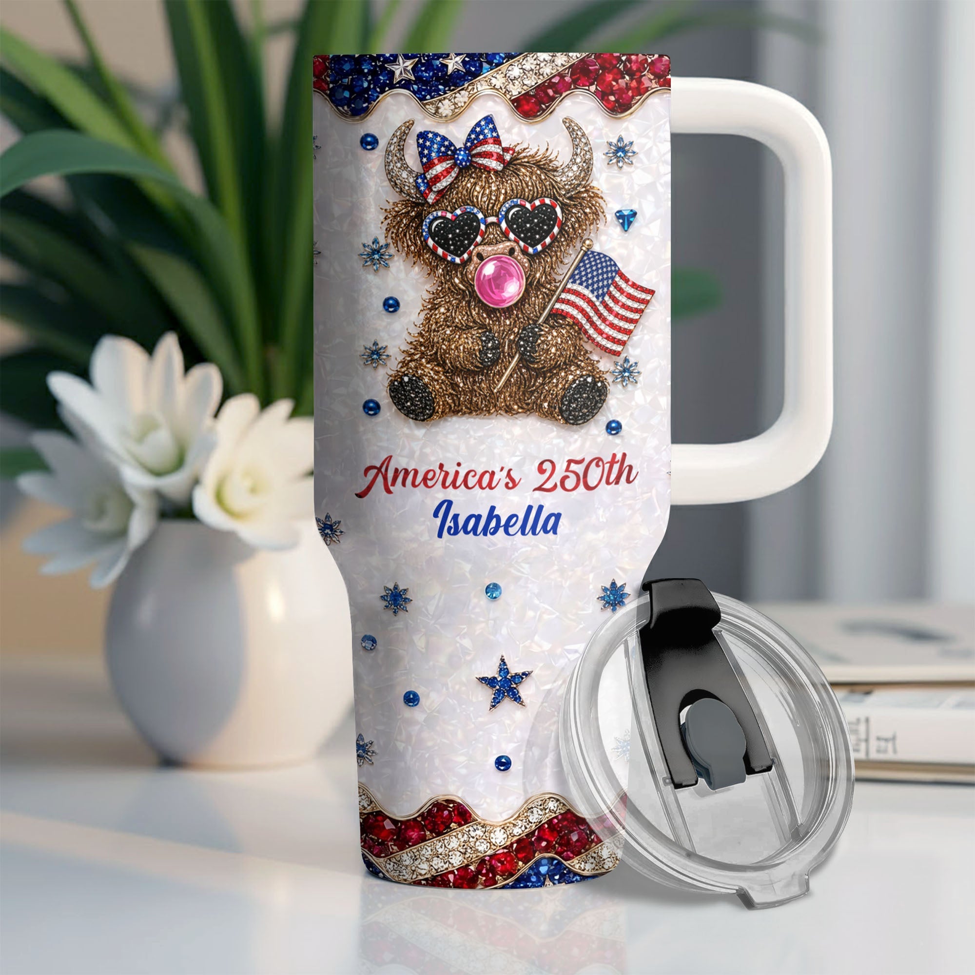 Personalized Patriotic 40oz Tumbler with Highland Cow for 4th of July