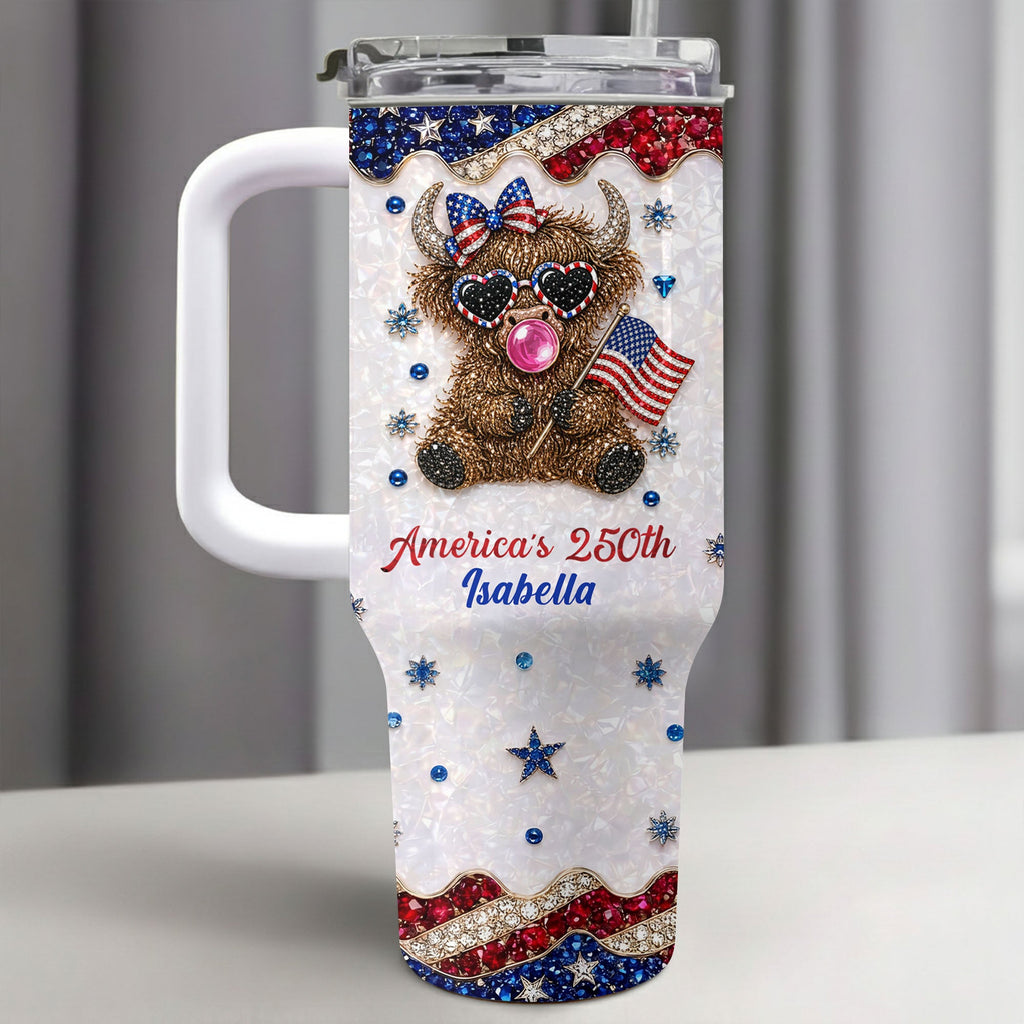 Personalized Patriotic 40oz Tumbler with Highland Cow for 4th of July 40oz Tumbler GradoCreations