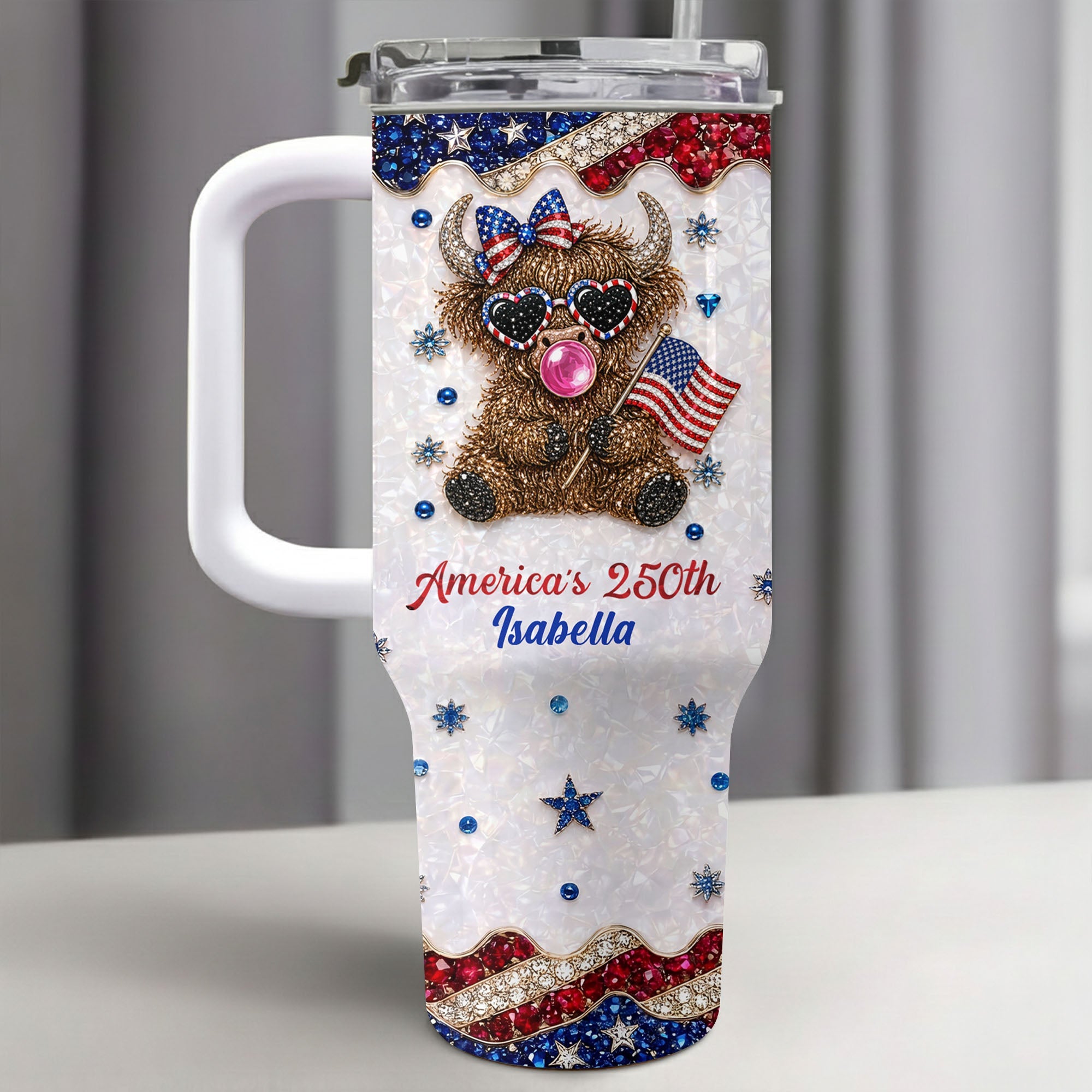 Personalized Patriotic 40oz Tumbler with Highland Cow for 4th of July