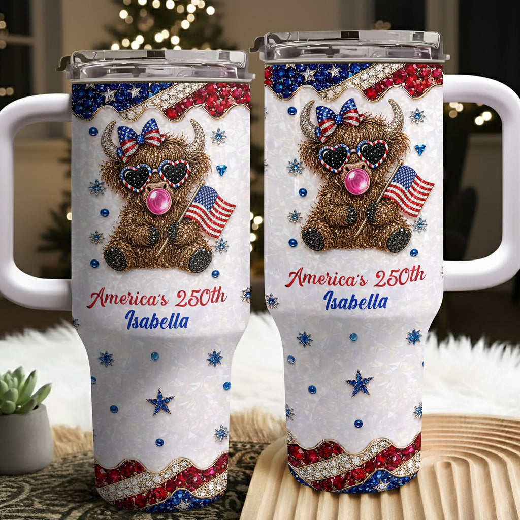 Personalized Patriotic 40oz Tumbler with Highland Cow for 4th of July 40oz Tumbler GradoCreations